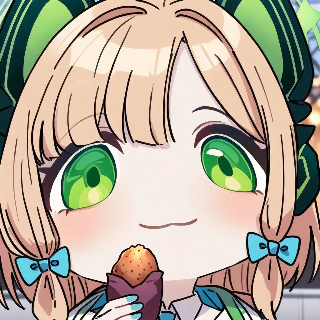 big-head, chibi,portrait,:3,(masterpiece),(best quality),1girl,midori \(blue archive\),blue archive,aiamu iamu,holding food,holding,hooded jacket,food,sidelocks,:d,collared shirt,blurry,long sleeves,puffy sleeves,headphones,blue bow,hand up,necktie,halo,looking at viewer,jacket,sleeves past wrists,blush,nail polish,blue necktie,animal ear headphones,blurry background,blonde hair,shirt,green eyes,hood down,open clothes,depth of field,hood,smile,white jacket,fake animal ears,bow,puffy long sleeves,open jacket,solo,dress shirt,animal ears,white shirt,blue nails,hair bow,long hair,drawstring,sweet potato,