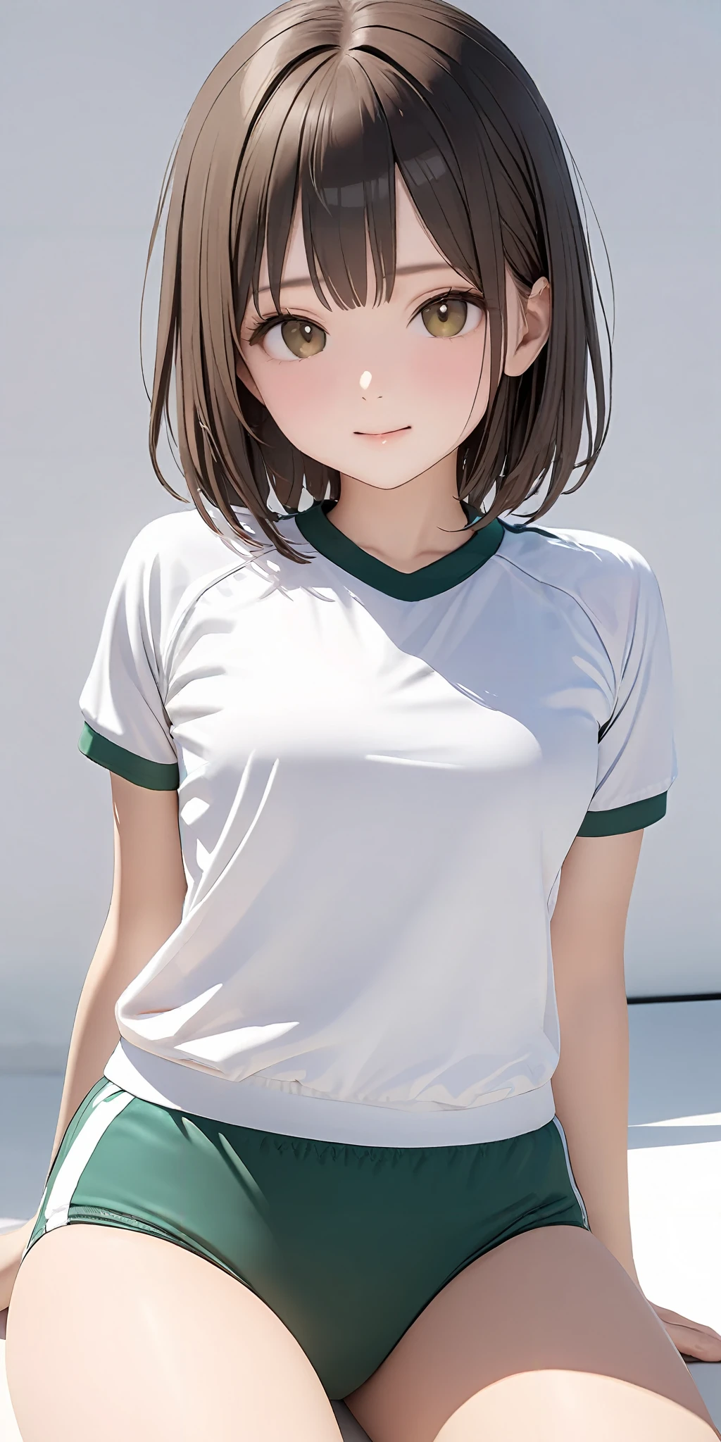 masterpiece,ultra-detailed,best quality,8K,illustration,cute face,clean skin ,shiny hair,girl,simple background,
<lora:add-detail-xl:1> <lora:buruma_XL_V1.0:0.6> sgu,gym uniform, white shirt,green buruma,sitting