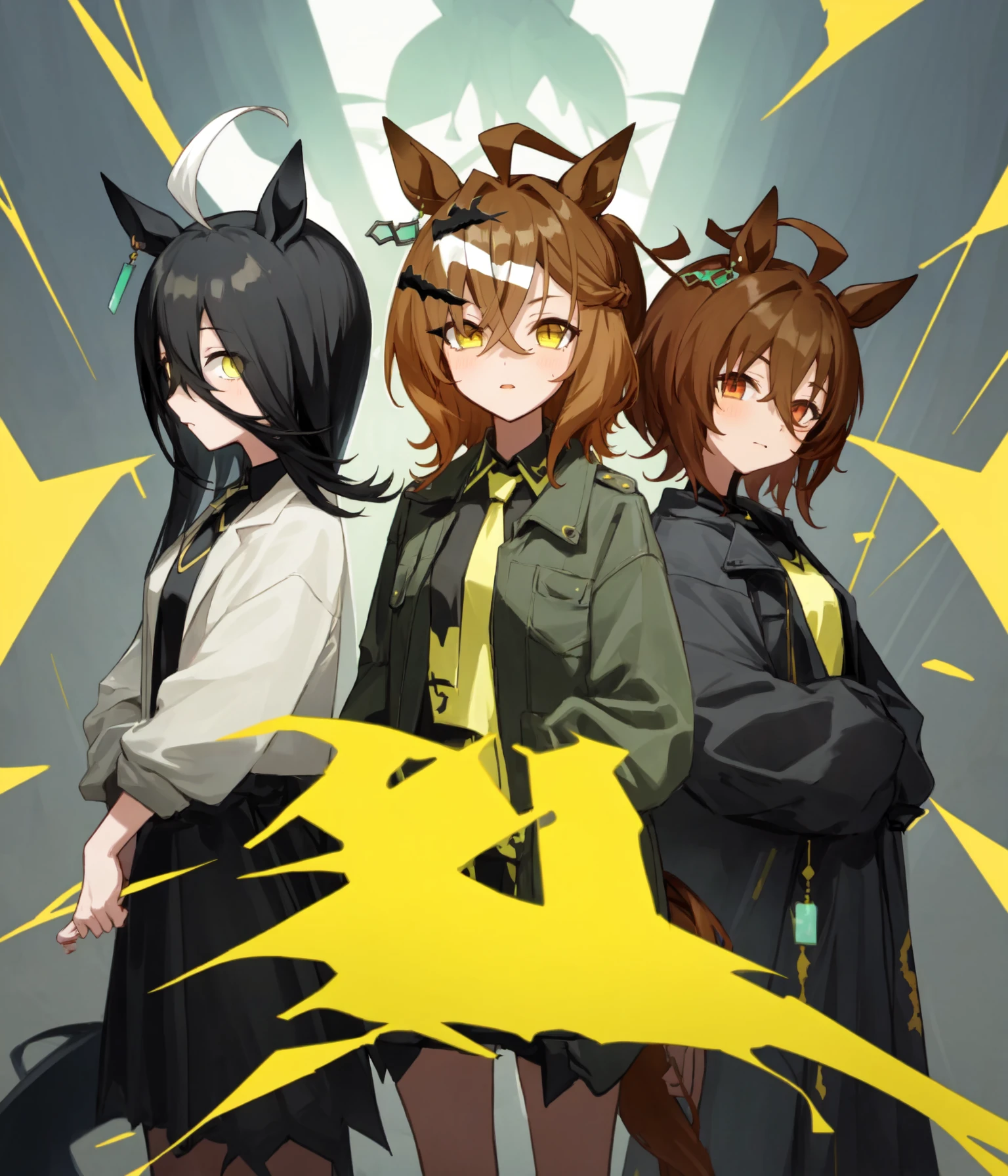 masterpiece, best quality,
3girls, looking at viewer, standing,  agnes tachyon \(umamusume\), manhattan cafe \(umamusume\), jungle pocket \(umamusume\) with yellow eyes<lora:UmaMusume_AIO_SD1.5:0.9>