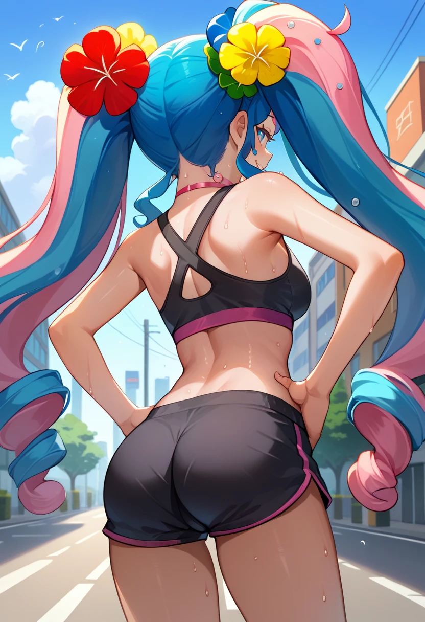 score_9, score_8_up, score_7_up, source_anime, from behind, solo, 1girl, fairymiku, sweat, smile, looking back, hands on own hips, curly hair, twintails, hair flower, red flower, yellow flower, blue eyes, black sports bra, black shorts, short shorts, pink choker, ass, outdoors, city street <lora:projectvoltage_fairymiku_ponyXL:1>