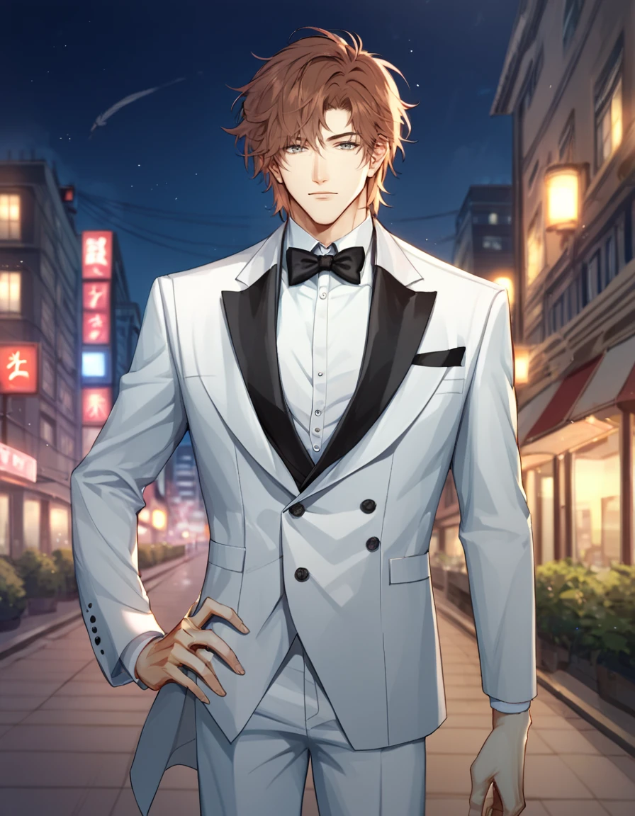 score_9, score_8_up, score_7_up, BREAK 1boy, solo, BREAK male focus, grey eyes, (medium hair, messy hair, brown hair, bangs), hat feather, top hat, formal, hand on hip, BREAK outdoors, city, night, cowboy shot, blurry background,  looking at viewer,  <lora:ikemenboys:1>