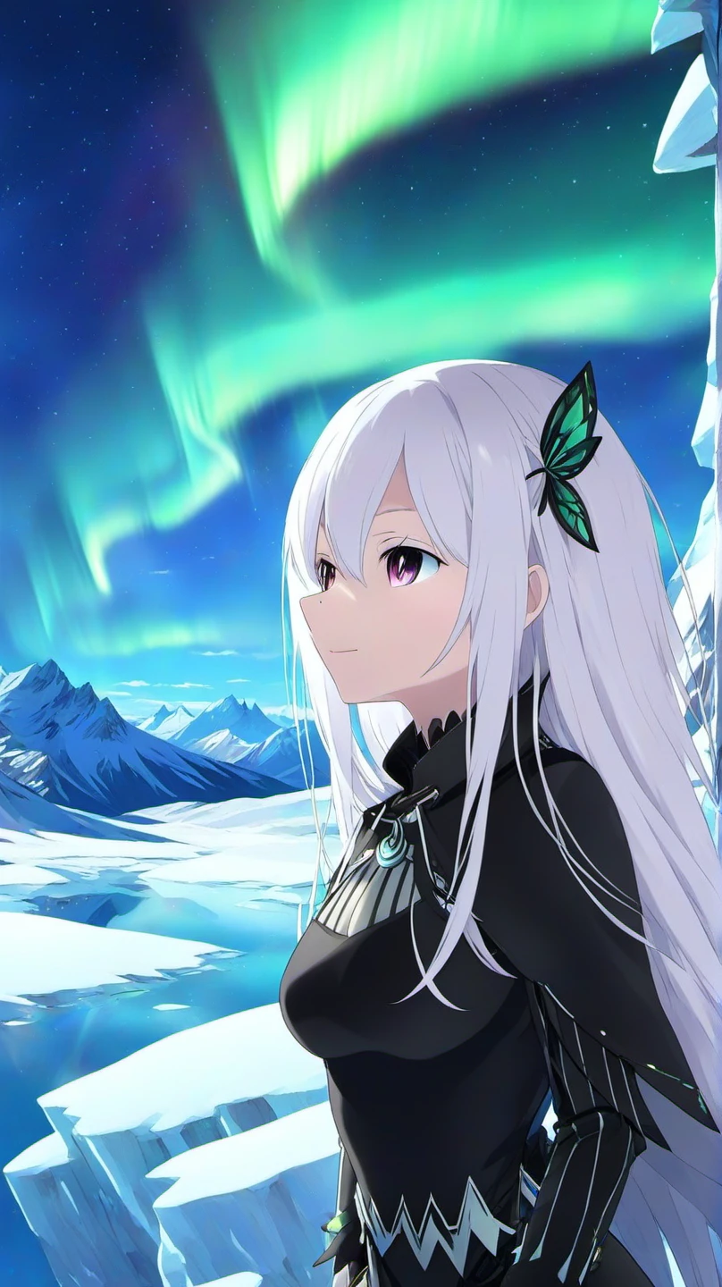 <lora:Anime Enhancer XL V2:.5> <lora:Echidna:1>1girl, echidna_rezero, , echidna_rezero atop an icy mountain during an aurora borealis, colors of the aurora reflecting in her eyes
