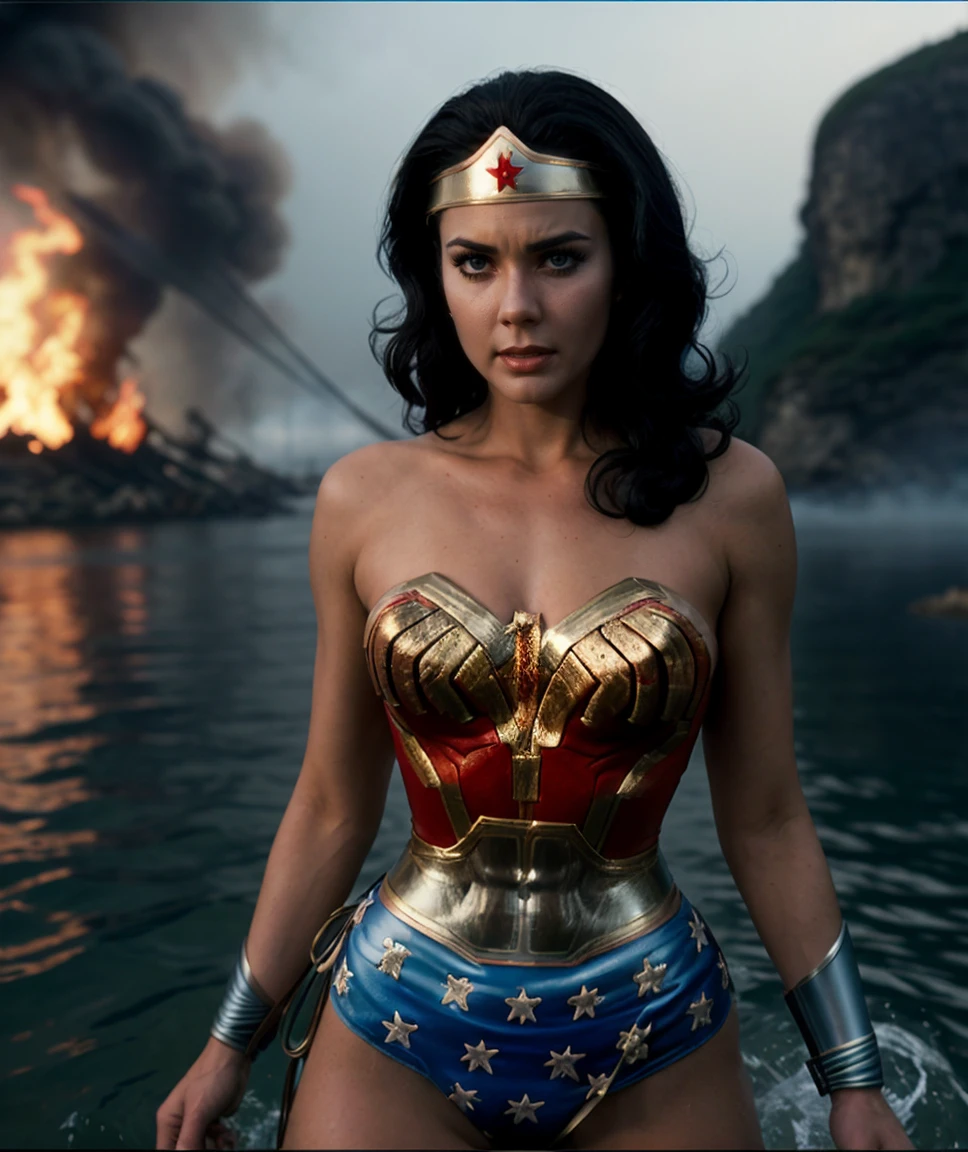 cinematic photo  <lora:quiron_WonderWomanRetro_v1340_Lora:0.67>  wonderWomanRetroquiron, wonderWomanRetro, black hair, realistic, solo, long hair, blue eyes,Spend time with family and friends. , at Mysterious Island Castle, surrounded by turbulent waters, warrior pose,  fog, explotion, fire, lighting, fantasy,  . 35mm photograph, film, bokeh, professional, 4k, highly detailed