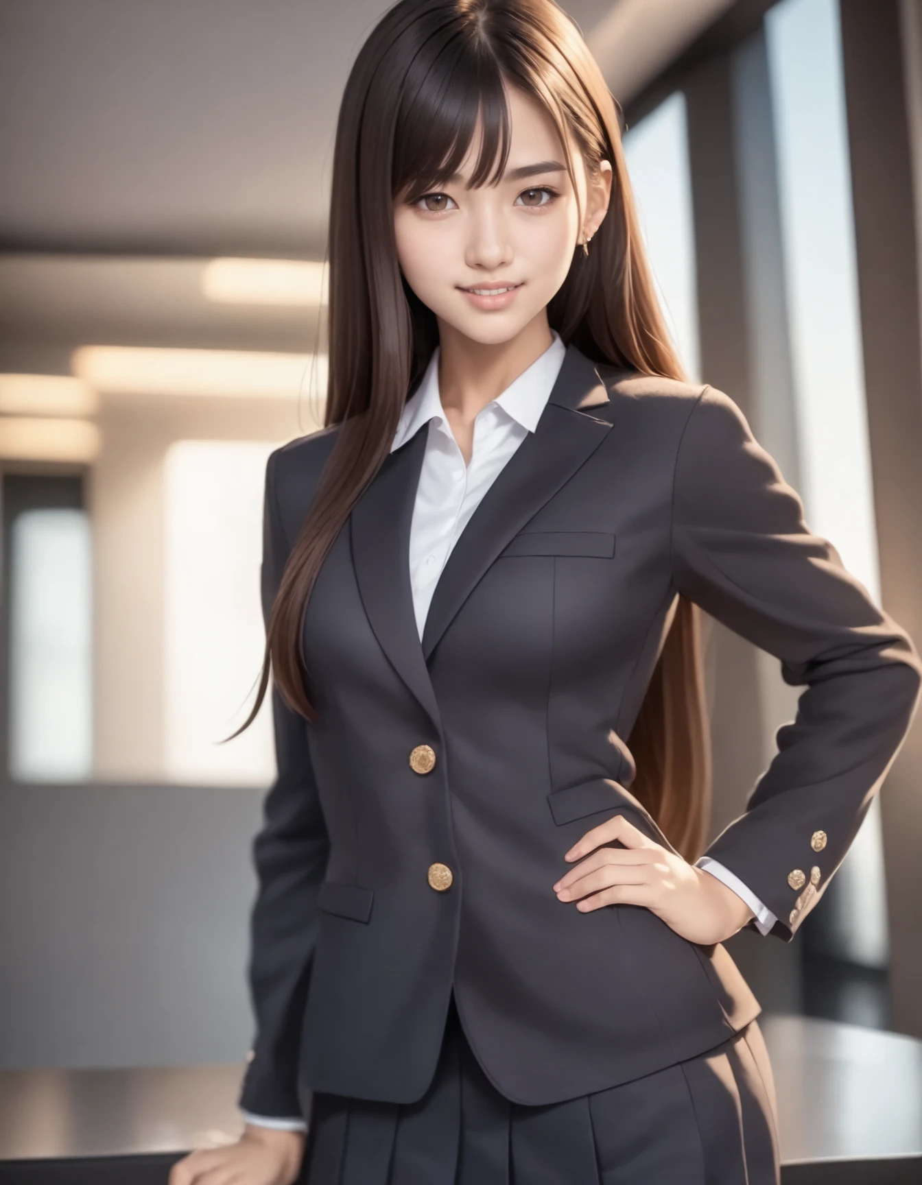 1girl, solo,
(Best quality:1.0),(masterpiece:1.0),photorealistic,
(realistic),photograph,hyperdetailed photography,raw photo,
cowboy shot,
(brown hair:1.1), (brown eyes),
very long hair,
(medium breasts:1.1),
slender,
BREAK
(japanese:1.2),
blazer school uniform,school ,indoors,
smile,
(20yo:1.2)