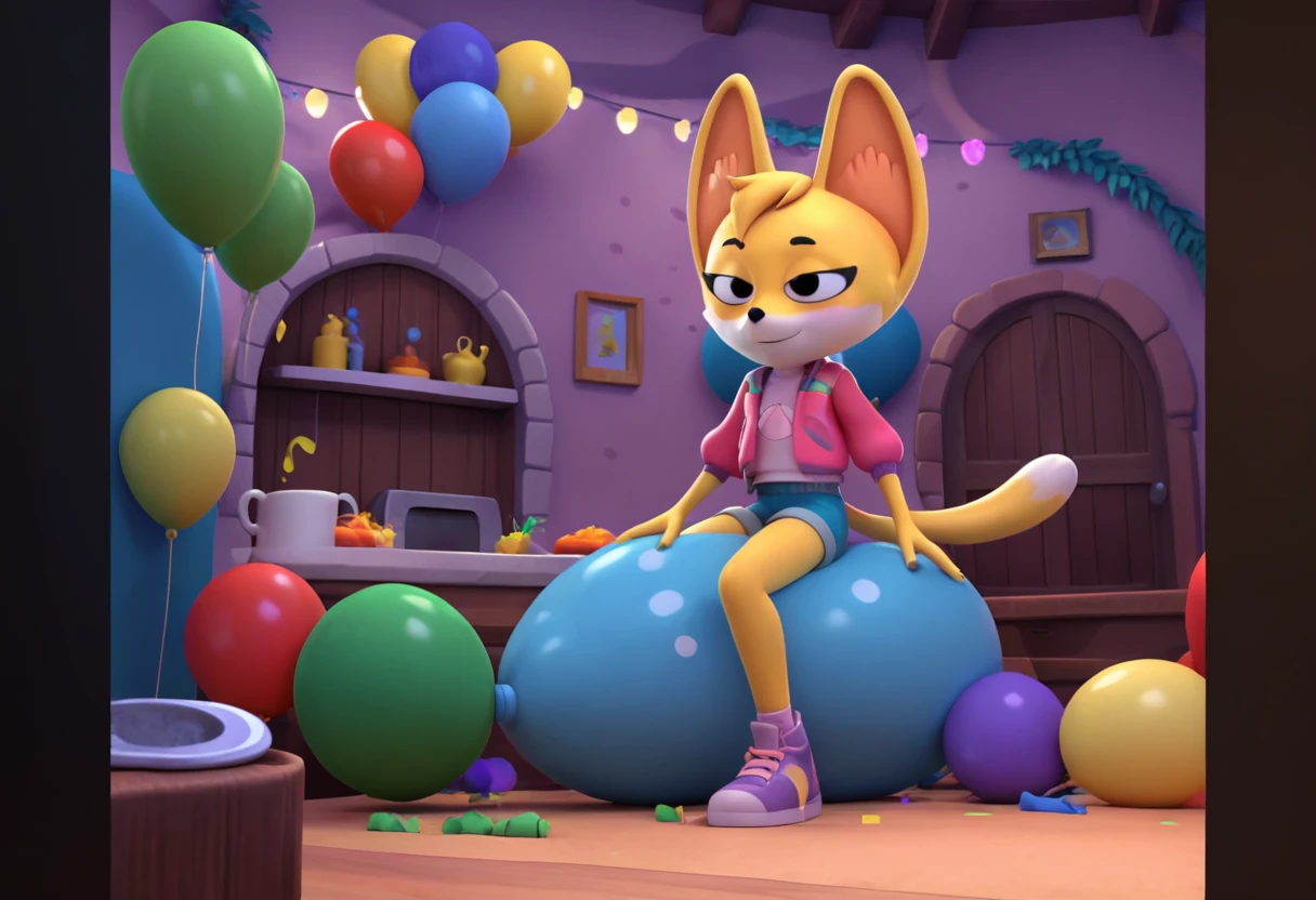 score_9, score_8_up, score_7_up, score_6_up, score_5_up, score_4_up, female, kit casey, fox, vixen, female, anthro, big balloon, one balloon, pink jacket, white shirt, shorts, shoes, 

kitchen, lights off, surprise party, confetti,

steam, panting, heavy breathing, bedroom eyes, lidded eyes, 

solo, 1girl, 




(sitting on a balloon:1.2), looner, balloon fetish, nonpop, balloon popping, popped balloons, popping balloons, sitting on a balloon, straddling a balloon, balloon pieces, balloon knot, tied balloon, one balloon, big balloon, tied balloon, necked balloon, overinflated balloon, green balloon, blue balloon, cat print balloon, 
detailed background, dynamic angle, dynamic lighting, suggestive, rating suggestive,
,

from front, low-angle view, foreshortening
,