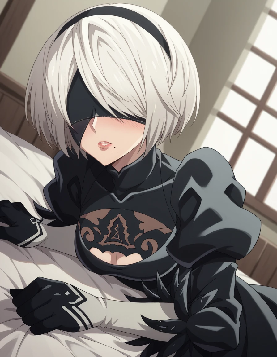 score_9, score_8_up, score_7_up, source_anime,
2b, <lora:2b-s1-ponyxl-lora-nochekaiser:1>,
2b, yorha no. 2 type b, short hair, white hair, hairband, mole, black hairband, mole under mouth, blindfold, covered eyes, black blindfold,
gloves, long sleeves, dress, puffy sleeves, black dress, clothing cutout, cleavage cutout, juliet sleeves, feather-trimmed sleeves,
indoors, bed, bed room, on side, blush, drunk,
solo, dutch angle, looking at viewer, cowboy shot,