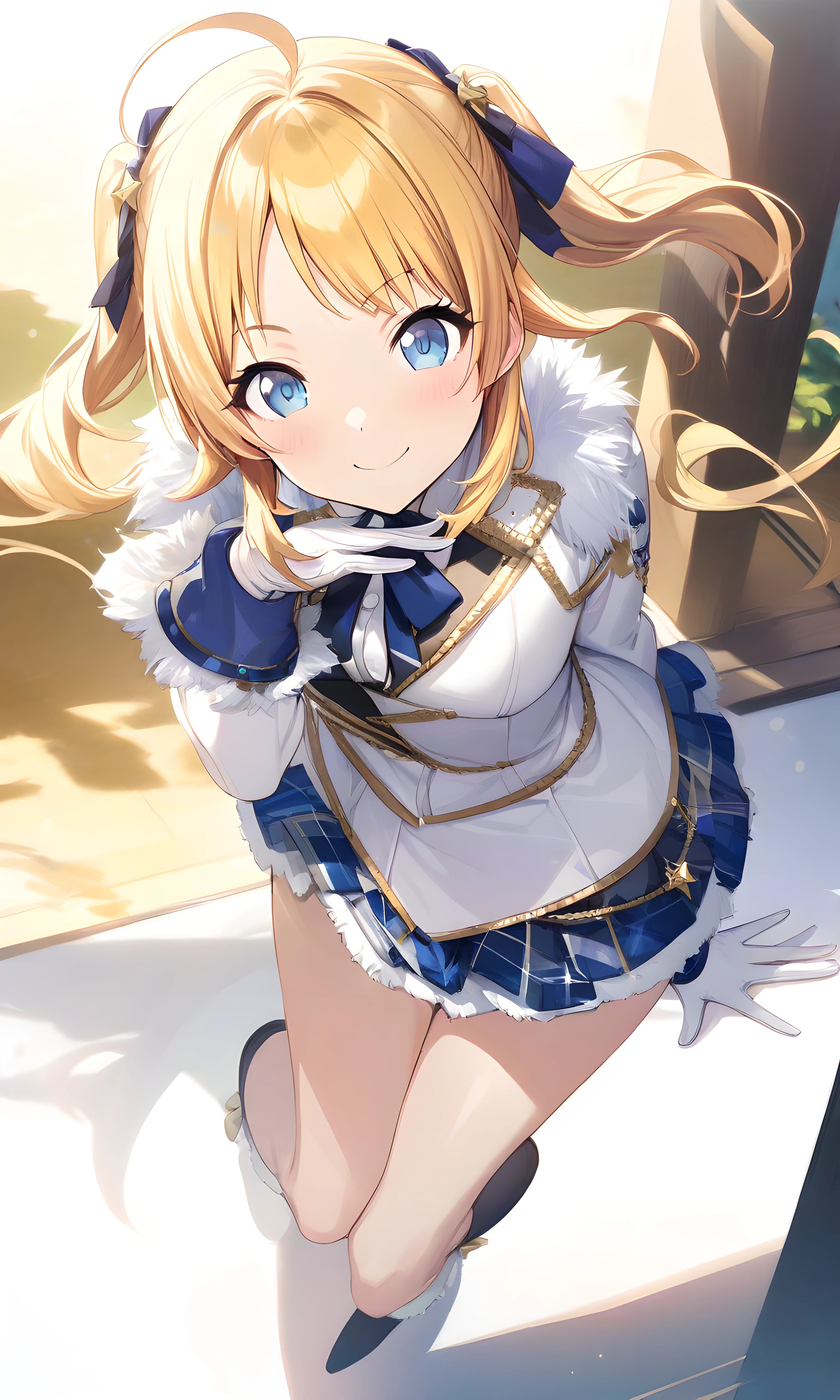 (masterpiece),(best quality),(ultra-detailed),(best illustration),(best shadow),(absurdres),(detailed background),(very aesthetic),  meguru hachimiya, 1girl, blonde hair, solo, blue eyes, gloves, skirt, smile, white gloves, white background, looking at viewer, twintails, simple background, long hair, ahoge, fur trim<lora:XL-MeguruHachimiyav1:1>