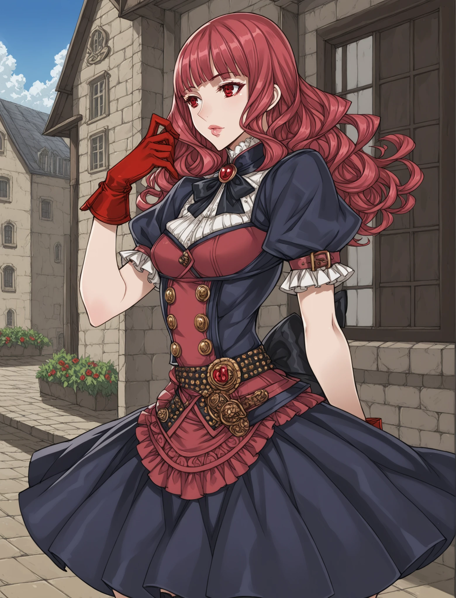 , long_hair, red_eyes, red_gloves, red_hair, skirt, solo,thigh_boots, thighhighs, gloves,long_hair,pink purple red_hair,solo,red hand gloves,lips, red eyes, medium breasts,belt, buckle,red cheeks, Dignified, elegance,lips, hime cut,wavy hair,tsurime,slant eyes,
, Victorian, modern European,,outdoors, 
,score_9, score_8_up, ,8k, <lora:XLCH_cherlyn_granado_espada_v1-000005:0.5>  <lora:Honjou_Raita_PonyXL_style_v01:0.9>