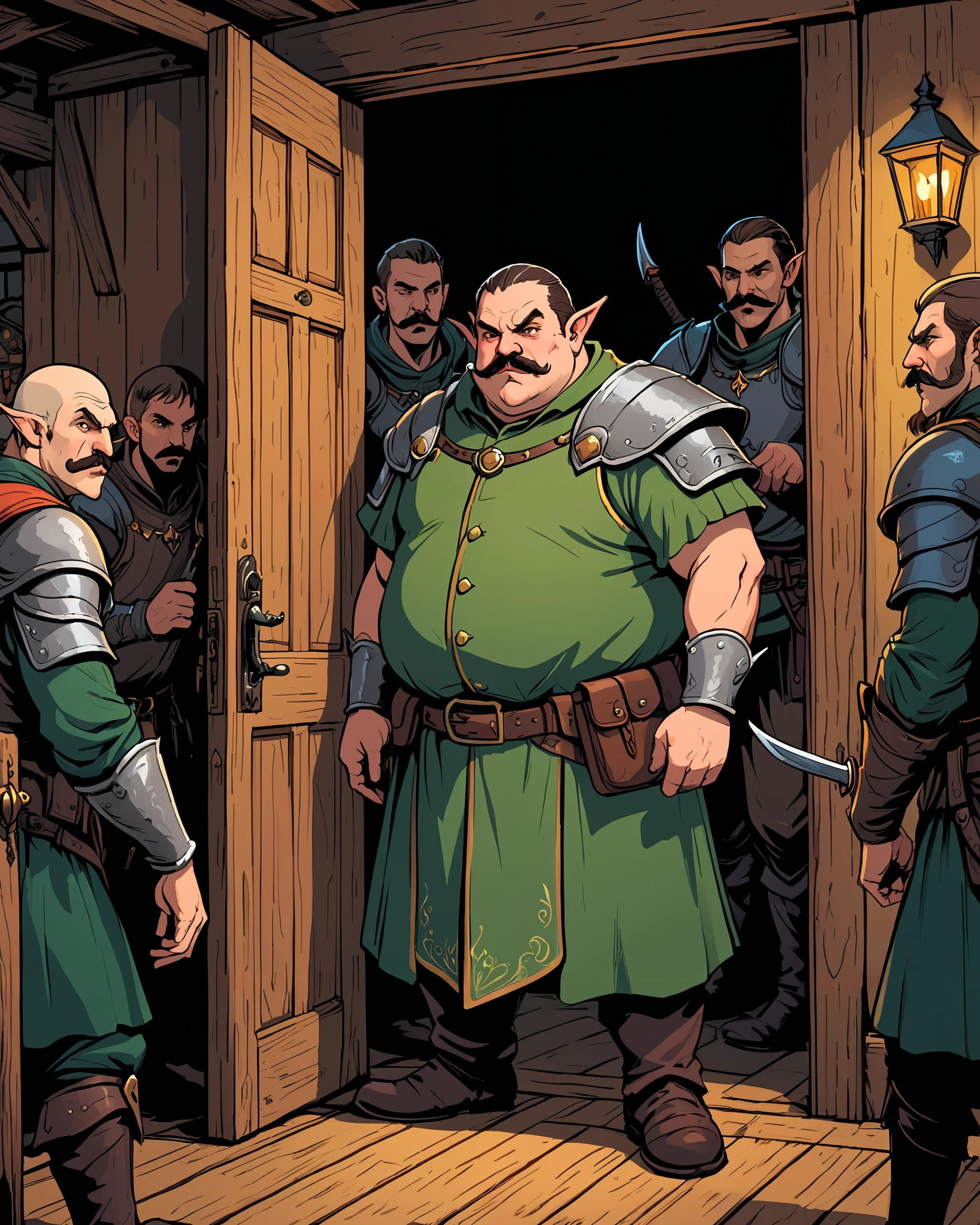 graphic novel flat colors style, cropped detail, fine intricate lineart, hatched shadows, (a fat and evil elf mercenary bouncer with epic moustaches standing in front of a wooden door), a medieval dim lighted, diverse crowded tavern, fantasy setting, menacing