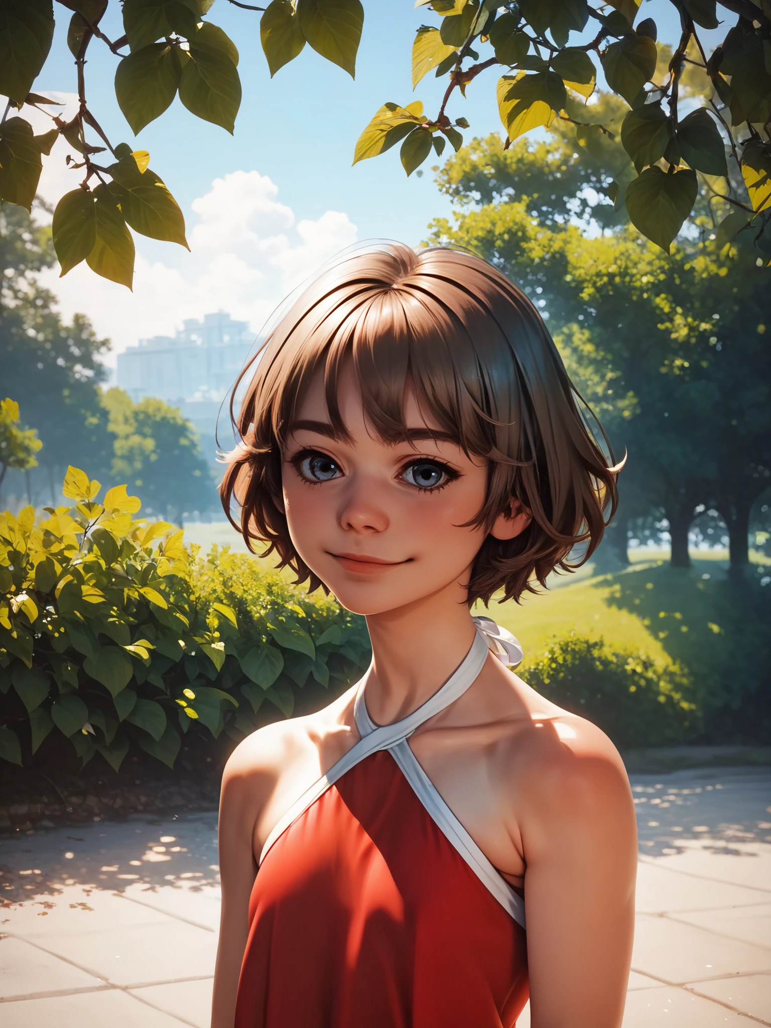 score_9, score_8_up, score_7_up, score_6_up, source_cartoon,
alisas, 1girl, solo, medium shot, looking at viewer, brown hair, short hair, closed mouth, upper body, red dress, halterneck, collarbone, outdoors, sky, tree, light smile, cute face, steel eyes, flat chest
<lora:alisas_pdxl4:1>