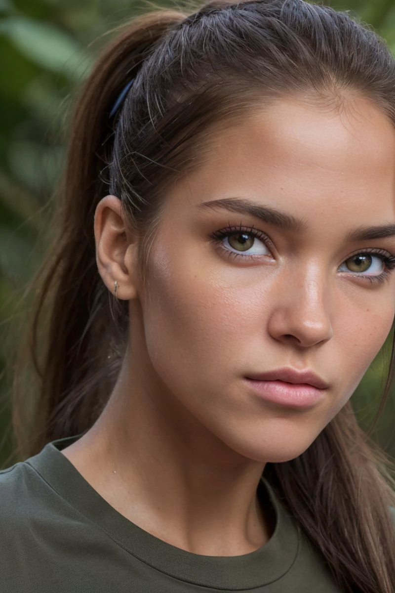 closeup headshot of S415_SilvieDeluxe,a beautiful woman,in a (jungle:1.1),wearing a (shirt:1.1),(ponytail),(4k, RAW photo, best quality, 50mm, depth of field, ultra high res:1.1),(intricate, photorealistic, cinematic-shot, masterpiece, ultra-detailed:1.1),