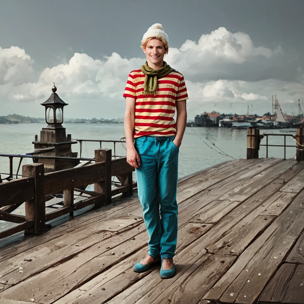 score_9, score_8_up, score_7_up, score_6_up, score_5_up, score_4_up,  FLPJCK, photoshop \(medium\),  pier, full body, cloudy, 1boy******, blonde hair, blue pants, (striped shirt:1.2), scarf, hat, serious, smile <lora:flpjckv2-50:1>