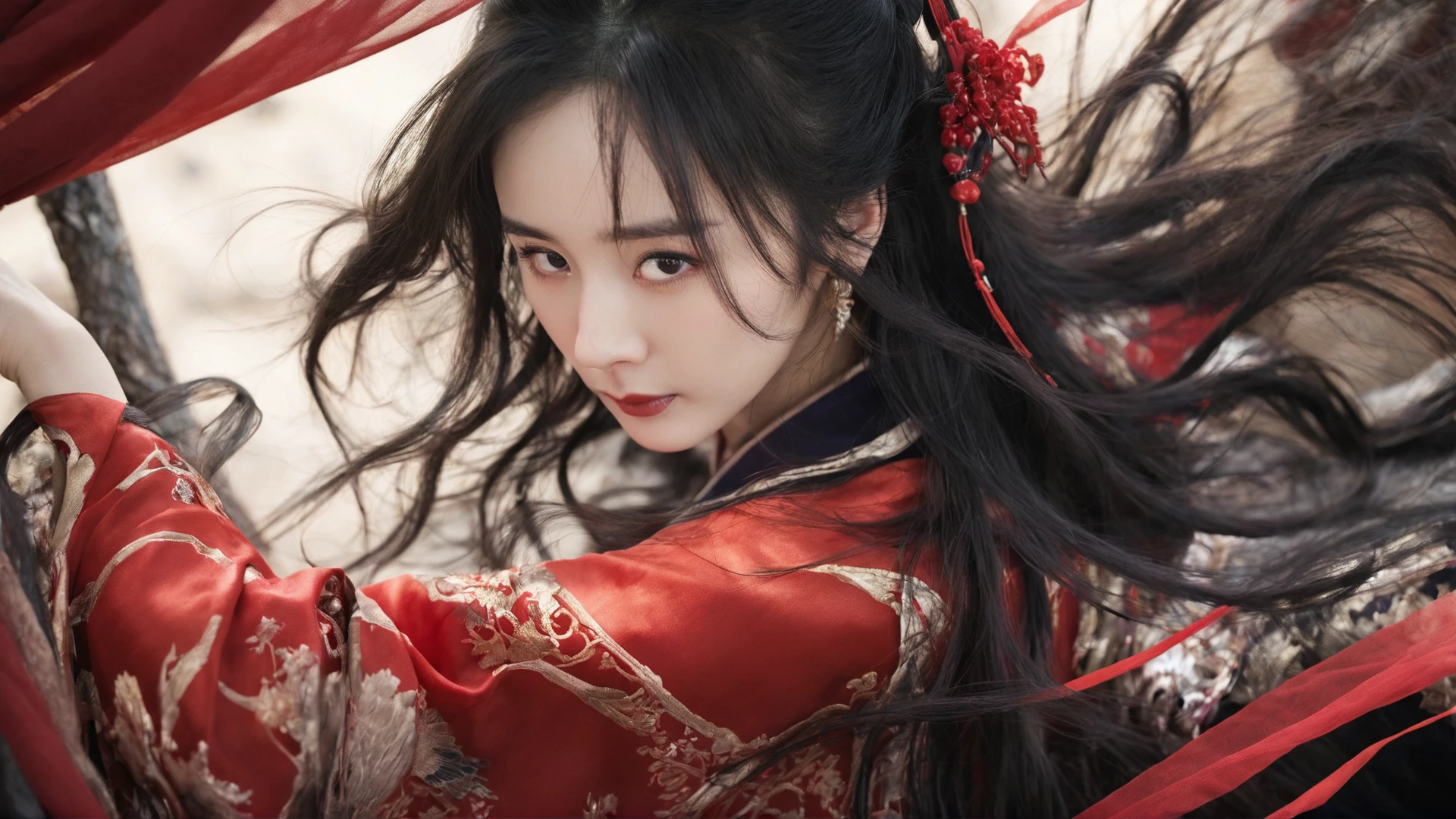 1 girl, solo,  Hanfu, bangs, black hair, blunt bangs, closed mouth, fish gemstone jewelry, long hair, looking at the audience,
(realstic,masterpiece, best quality,UHD,Depth of field,ighly detailed),dissected correctly, official wallpaper, clear focus,( delicate light), (cinematic lighting),