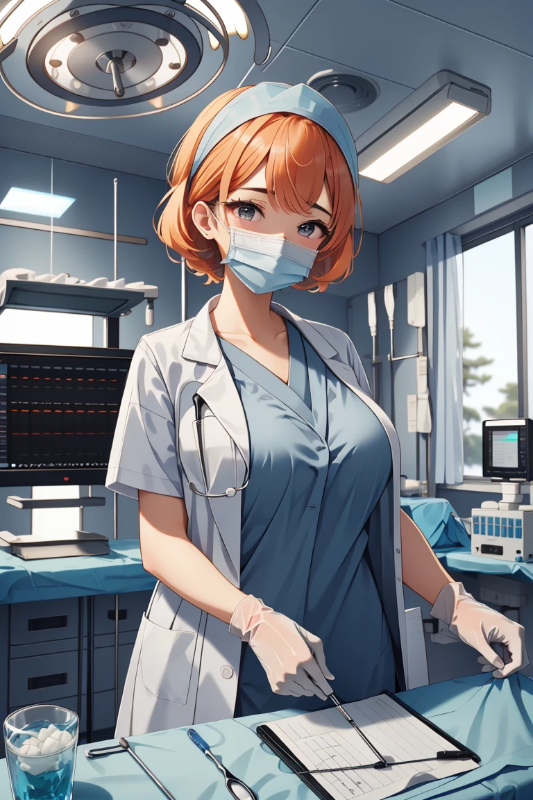 (RAW photo, best quality), operating room, overhead surgical light,blurred background, focused, dithering,backlighting,
 <lora:doctor_surgery_capped_V1.0-000005:0.8> doctor_in_surgery_cap, solo, surgical mask, labcoat, doctor, gloves, stethoscope,headwear,
 <lora:Isako Narita:0.7> 1girl, 3dcg 06, bangs, crossed bangs, eyebrow_through_hair, grey eyes, hairband, huge breasts, isako narita, mature_female, orange hair, short hair, sidelocks, solo,