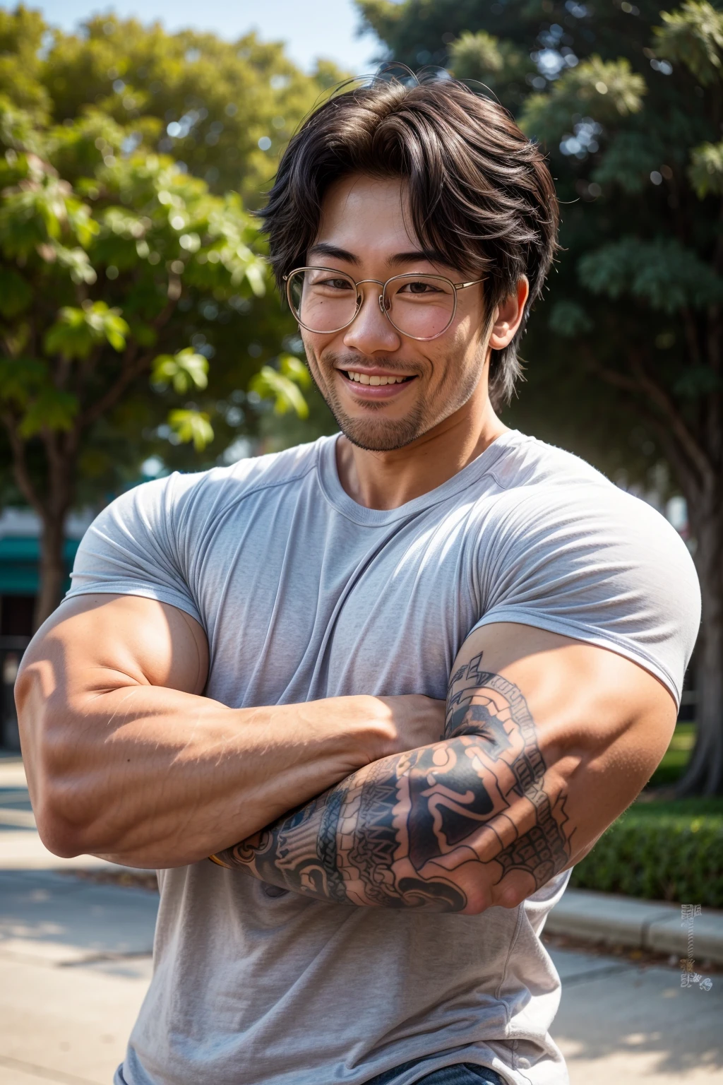 justinsaiyann, shirt, muscular, tattoo, park, glasses, stubble, beard, asian, smiling, daylight, (flexing arms)<lora:EMS-283192-EMS:0.800000>, <lora:EMS-93-EMS:1.000000>