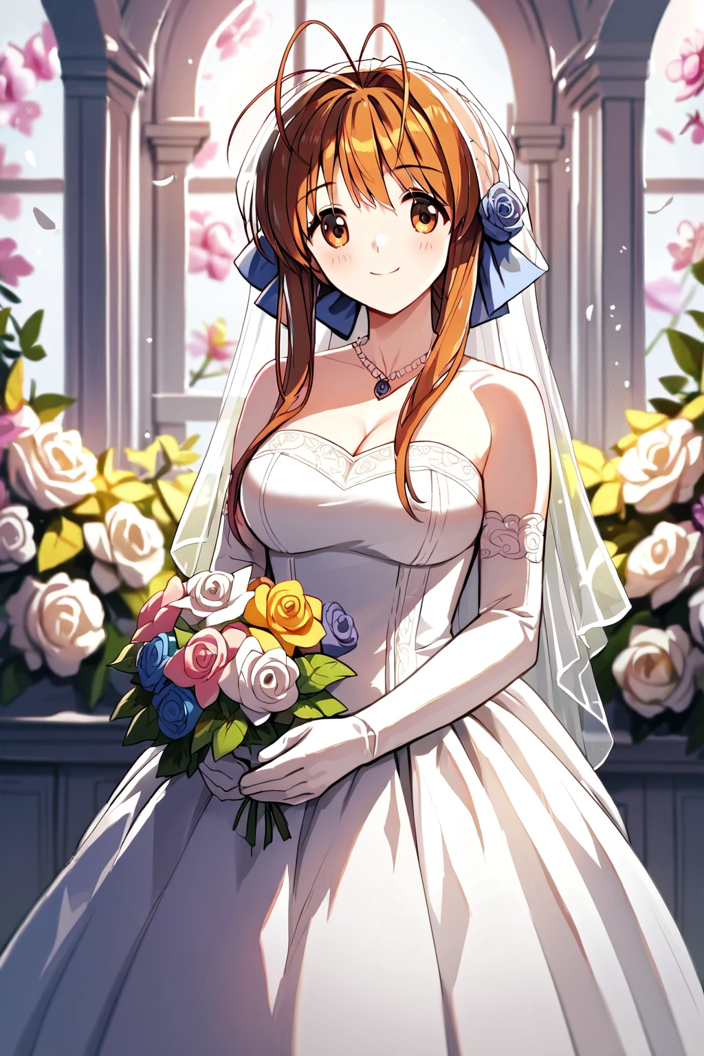 score_9, score_8_up, score_7_up, score_6_up, rating_safe, source_anime, best quality, masterpiece, detailed background, wedding dress, wedding, <lora:furukawa-sanae-xl-06:0.9>, furukawa sanae, triple ahoge, medium breasts, full breasts, smile, blush, flowers,