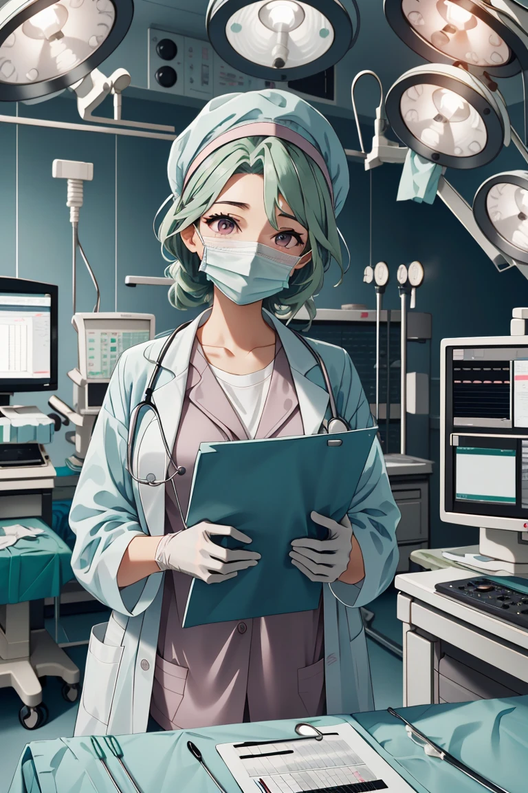 (RAW photo, best quality), operating room, overhead surgical light,blurred background, focused, dithering,backlighting,
 <lora:doctor_surgery_capped_V1.0-000005:0.8> doctor_in_surgery_cap, solo, surgical mask, labcoat, doctor, gloves, stethoscope,headwear,
 <lora:Camilla Kloudiam:0.37> camilla kloudiam, ocg:0001, 1girl, green hair, pink eyes,