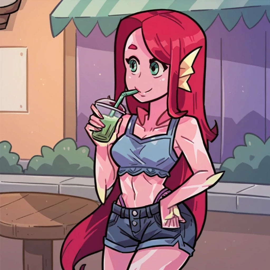 score_9, solo, woman in a cafe,  <lora:(Monster Prom) - Miranda XL:1> miranda vanderbilt, monster prom, crop top, shorts, sipping a drink