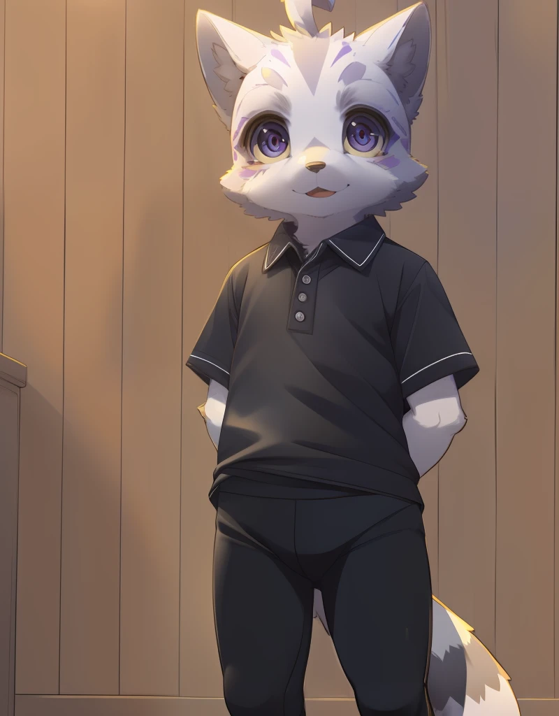 (((detailed eyes, detailed face))), (furry, nazk <lora:character_nazk_findigo_v2:1>, two-tone fur, grey fur, white fur, ahoge, cat boy, purple eyes), male, (solo), (plump), (black shirt, collared shirt, black pantyhose), standing, (arms behind back), smile BREAK (konzaburou, ukan_muri, cute), bedroom, (flat shading, flat color, high brightness), 8k, UHD, masterpiece, (full body)