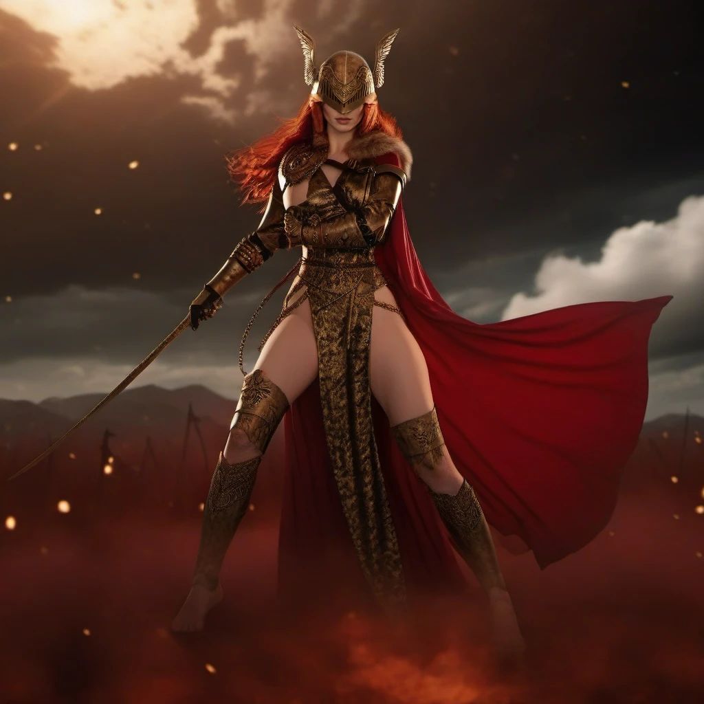 a woman with red hair, winged helmet, sword, red cape, thick thighs, kicking, leg up in air, pose,