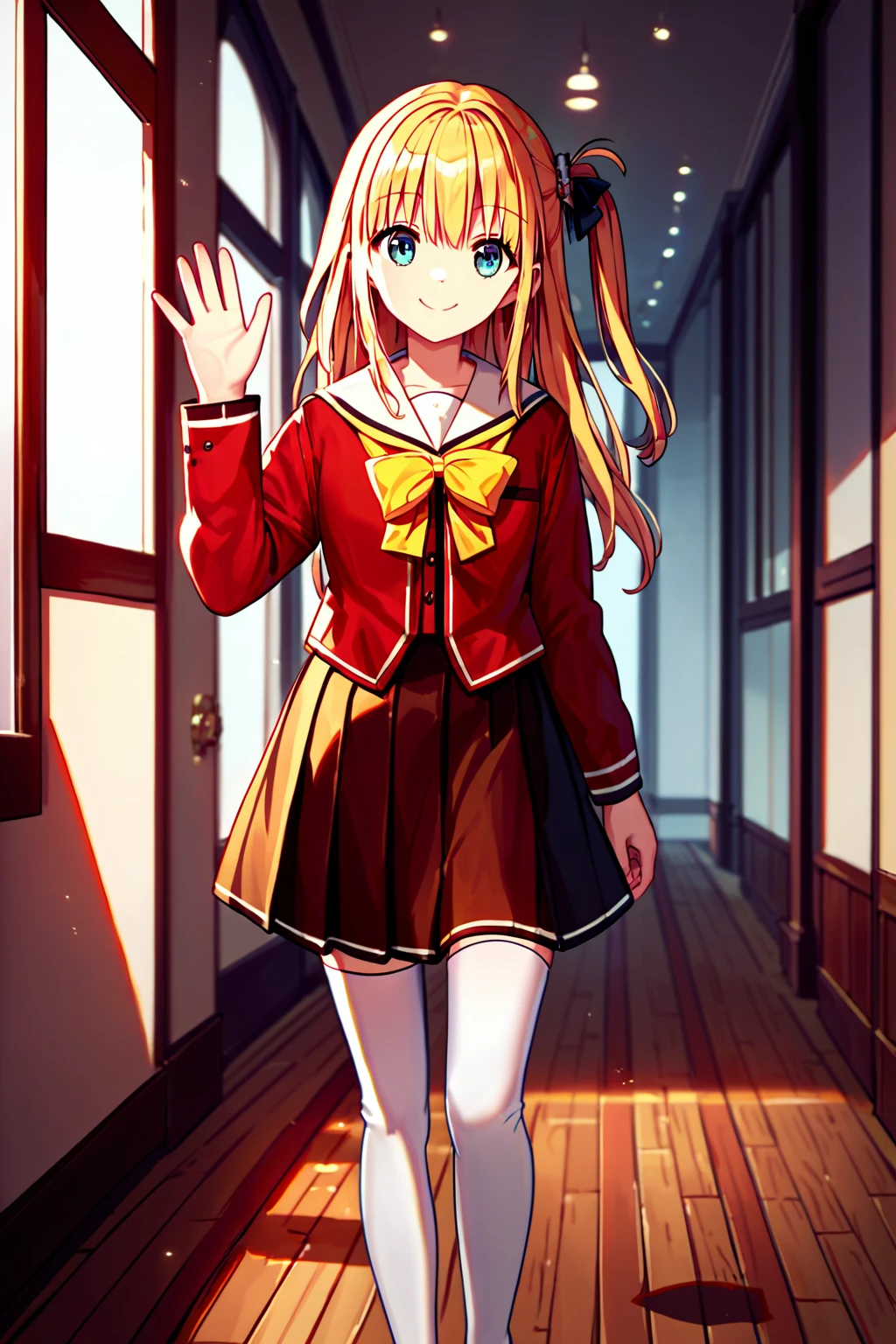 score_9, score_8_up, score_7_up, score_6_up, rating_safe, source_anime, best quality, masterpiece, detailed background, school hallway, walking, middle finger, smug grin, <lora:yusarin-xl-04:1.2>, yusarin, red eyes, red uniform with yellow bow, black skirt, white stockings, blonde hair, one side up,