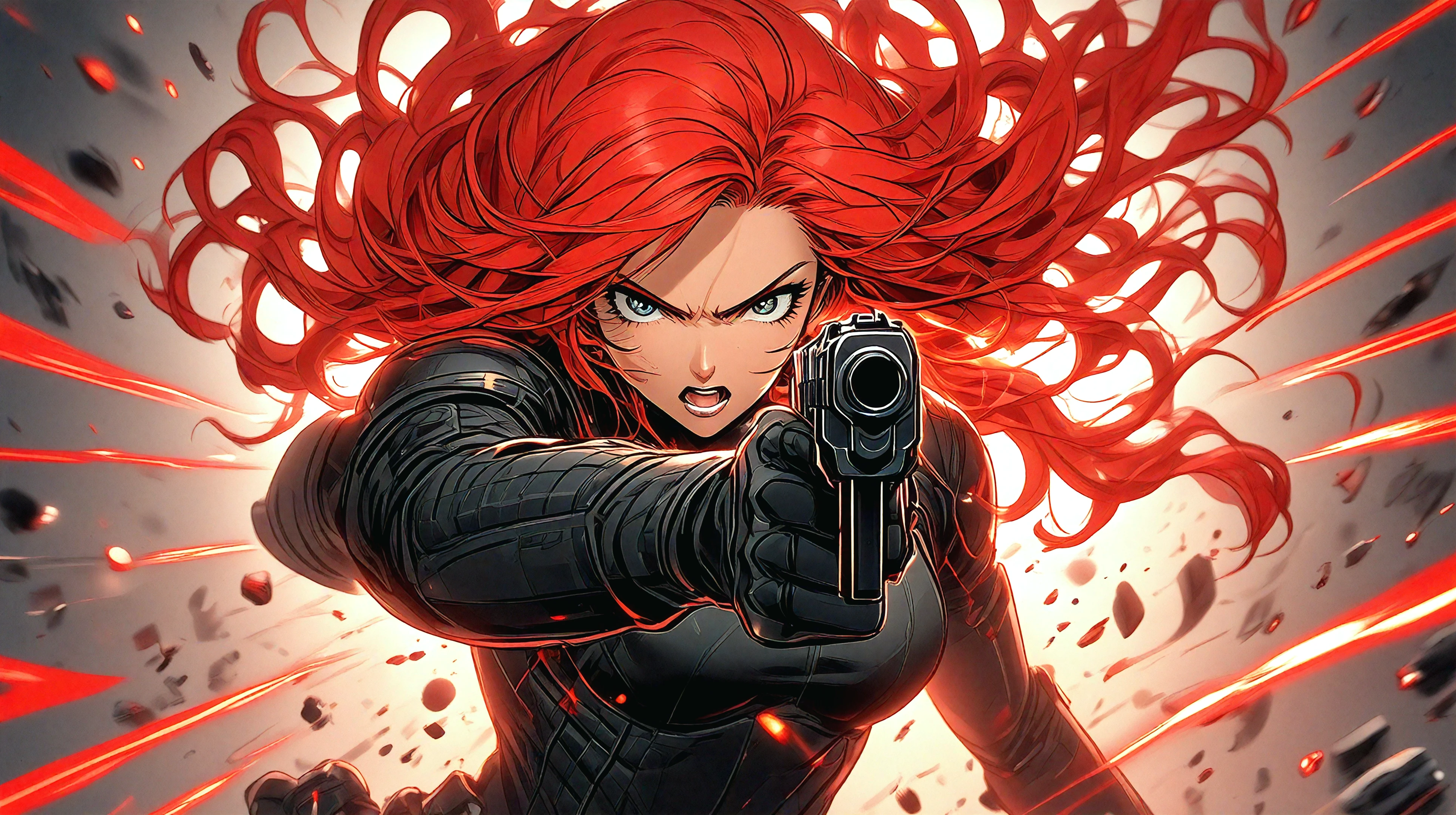 anime kzk woman with red hair shooting directly at the camera, with red hair pointing a gun at the camera