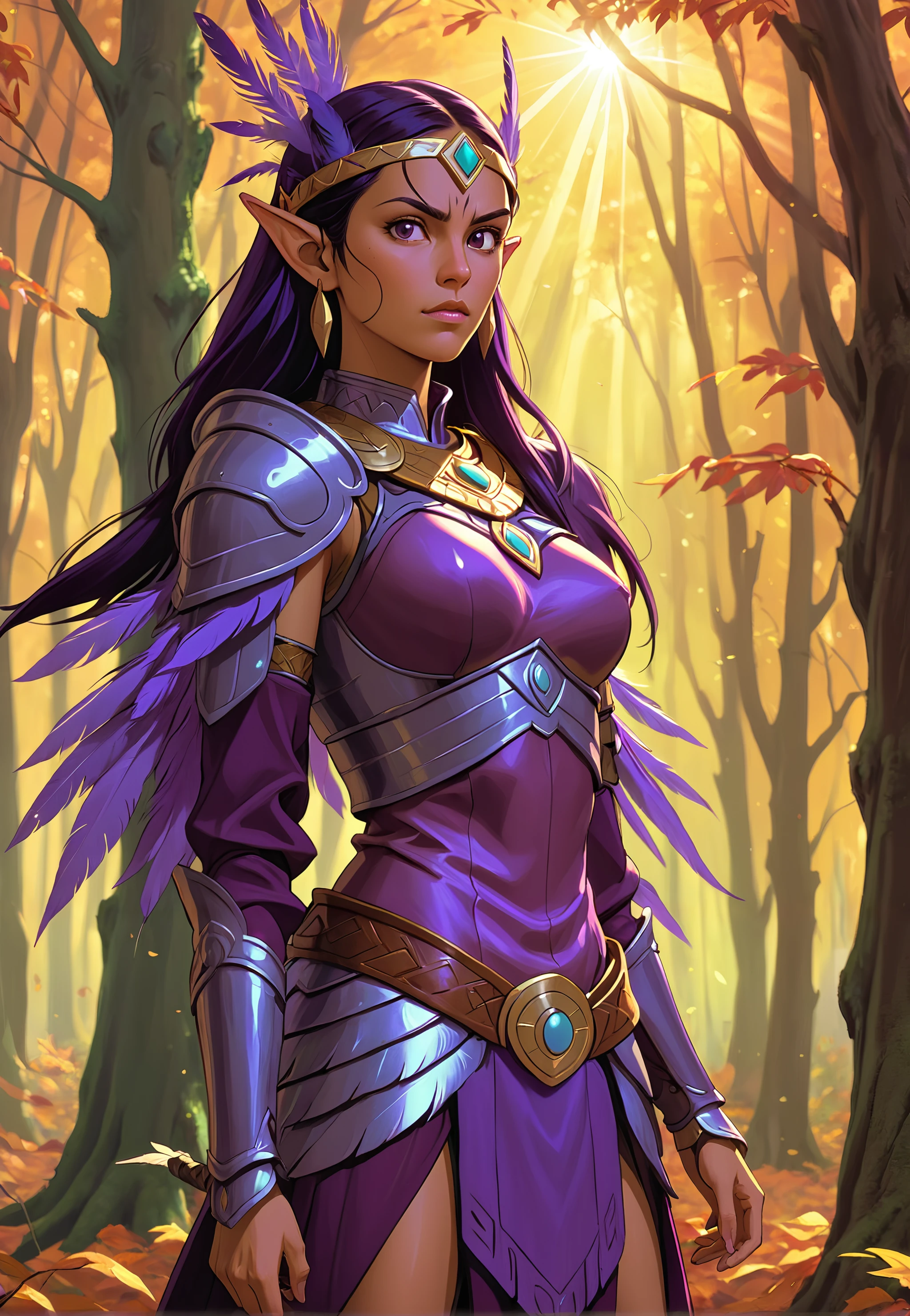 (90s anime style:1.3), cropped detail, (An elf mayan female warrior posing in a lush autumn forest with an annoyed expression in a purple armor full of feathers), light rays coming from tree tops, spotted.
