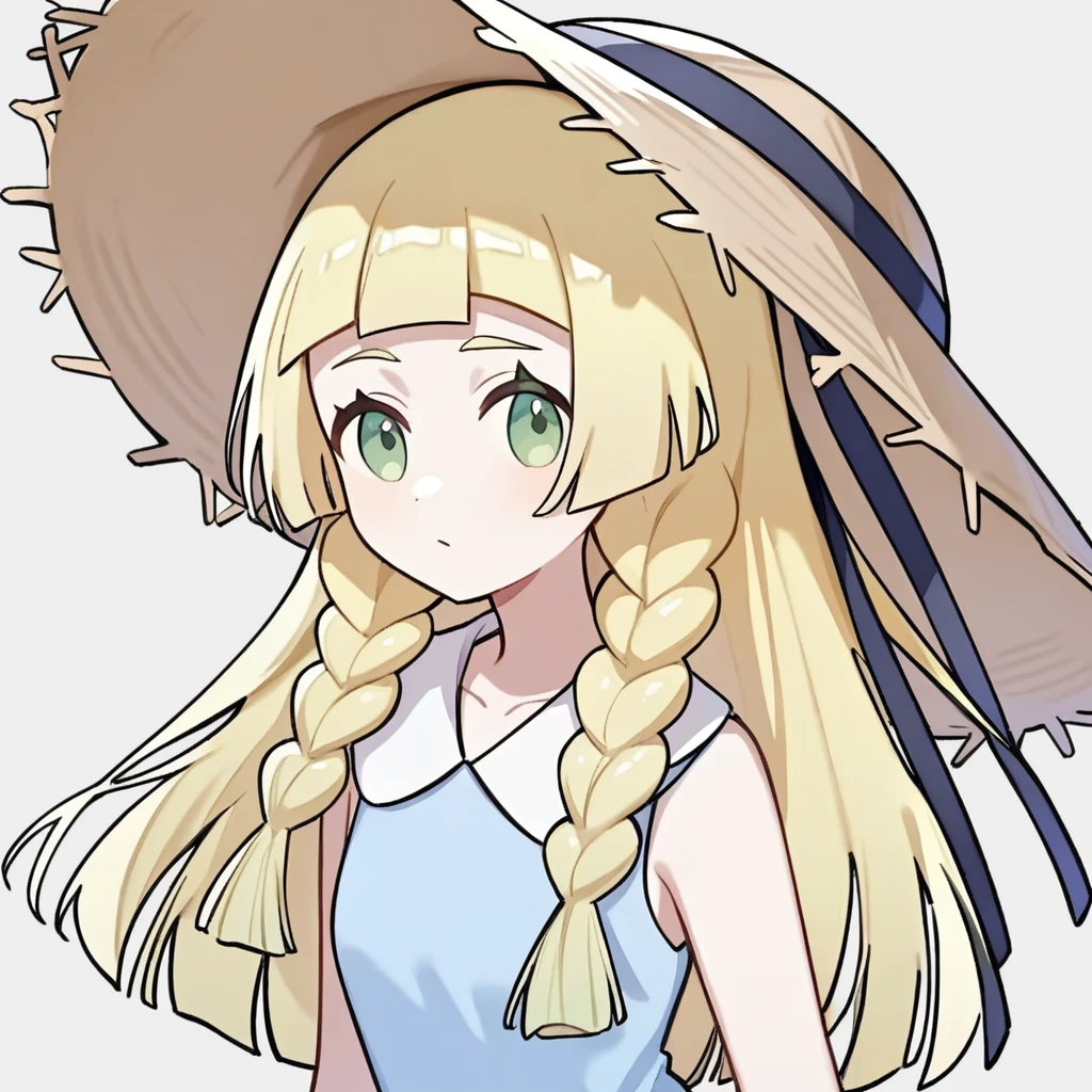 ,1girl,solo,upper body,((white background)),,lillie \(pokemon\),sun hat,blue ribbon,blonde hair,long hair,twin braids,blunt bangs,green eyes,bare arms,sleeveless dress,collared dress,sun dress,<lora:Qszb>,<lora:lillie_(pokemon):1>, masterpiece, best quality, very aesthetic, absurdres