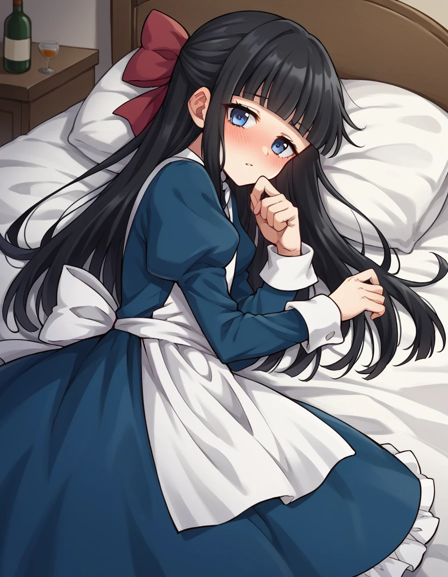 score_9, score_8_up, score_7_up, source_anime,
ayadrevis, <lora:aya-drevis-ponyxl-lora-nochekaiser:1>,
aya drevis, long hair, blue eyes, black hair, hair bow, red bow, bangs, blunt bangs,
long sleeves, dress, frills, puffy sleeves, apron, blue dress,
indoors, bed, bed room, on side, blush, drunk,
solo, looking at viewer, cowboy shot, dutch angle,