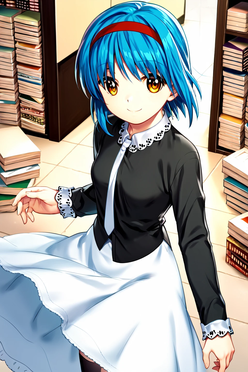 score_9, score_8_up, score_7_up, score_6_up, rating_safe, source_anime, best quality, masterpiece, detailed background, detailed eyes, solo, library, m hands, standing, <lora:nishizono-mio-xl-05:1.1>, nishizono mio, blue hair, red headband, black frilled dress shirt, long white skirt, black socks, small breasts, smile,