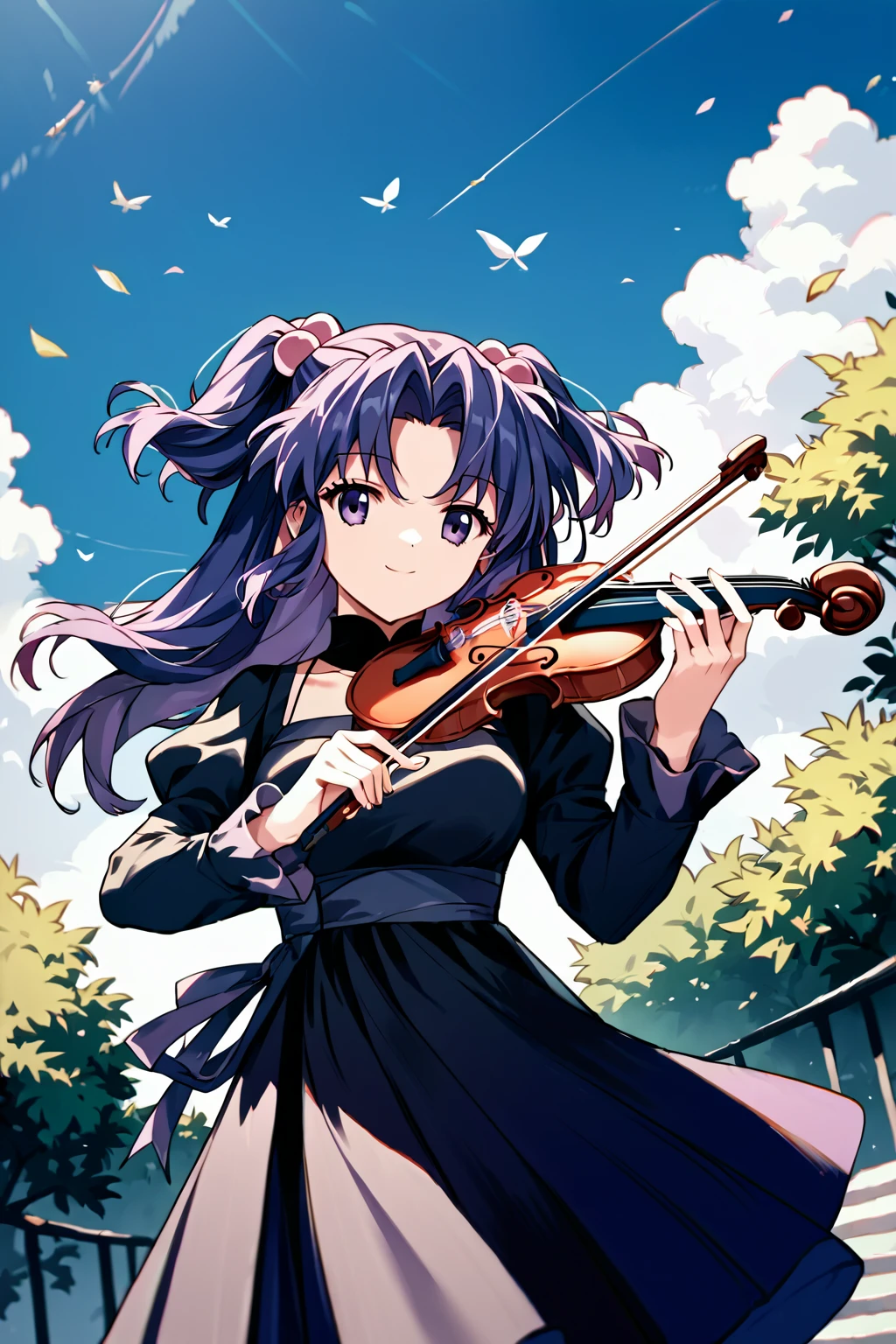 score_9, score_8_up, score_7_up, score_6_up, rating_safe, source_anime, best quality, masterpiece, outdoors, playing violin, <lora:ichinose-kotomi-xl-03:1>, ichinose kotomi, black gown, two side up, medium breasts, smile,