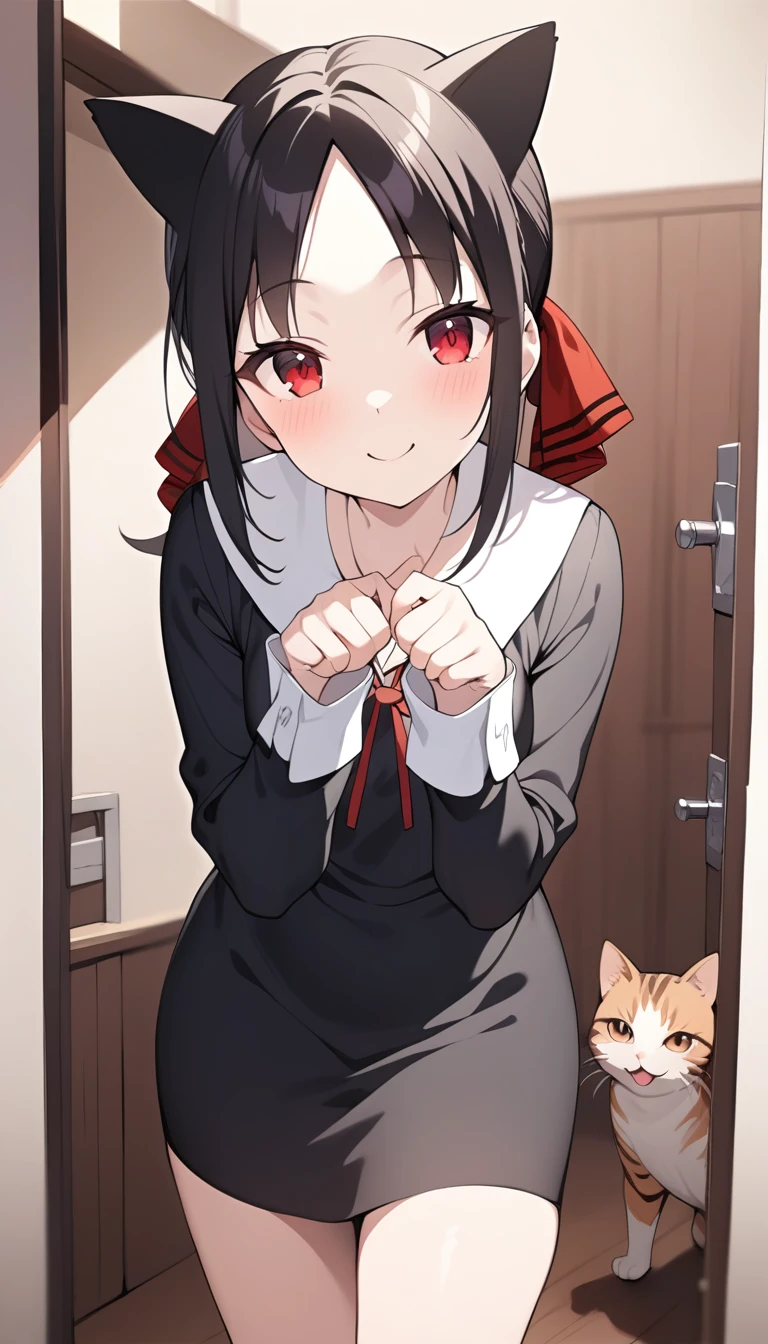 masterpiece, best quality, 1girl, kaguya,  <lora:kaguyaSDXL:0.8>, school uniform, black dress, black skirt, red ribbon, long sleeve, looking at viewer, standing, parted bangs, cowboy shot, happy, pawpose, cat ears