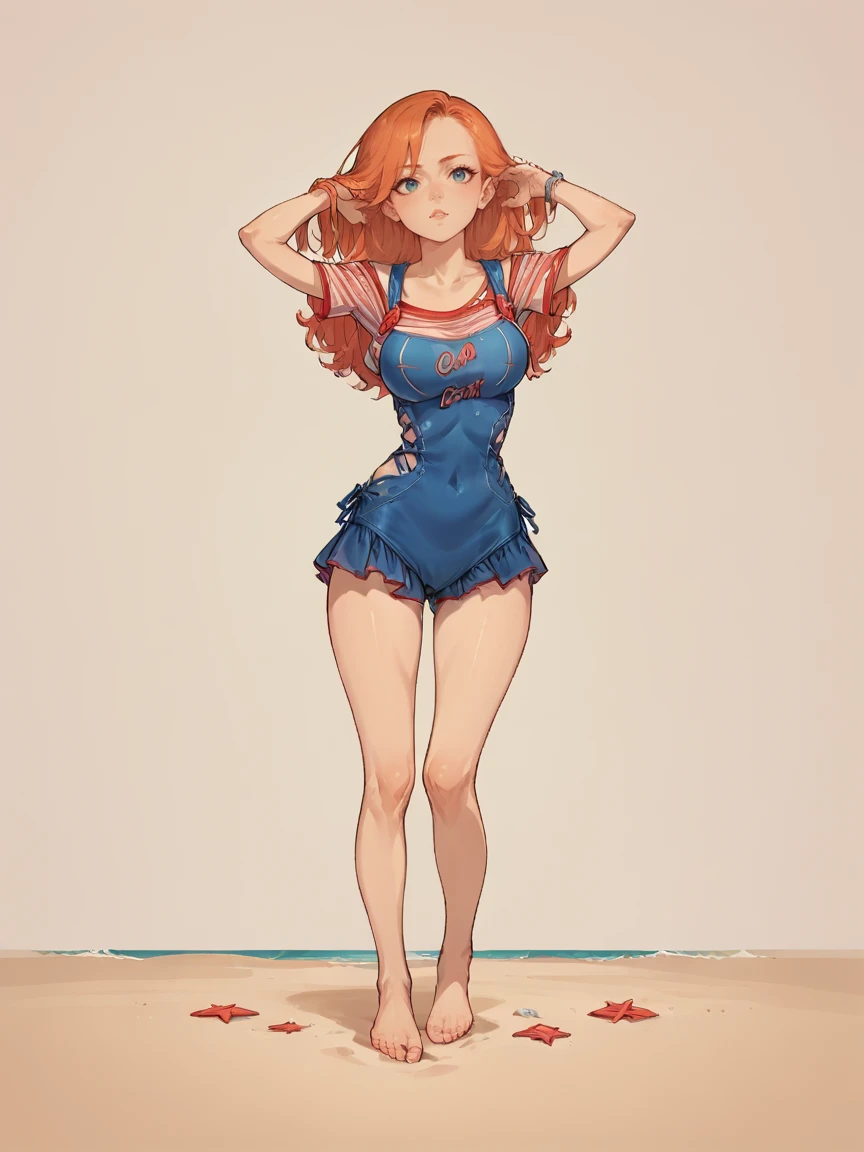 score_9, score_8_up, score_7_up, score_6_up,  1girl, ginger hair, long hair,  <lora:chuckysw1mXLP:0.8> chuckysw1m, swimsuit, shirt, beach,  <lora:Black_Magic_Steering:1> source_anime, full body, large breasts,