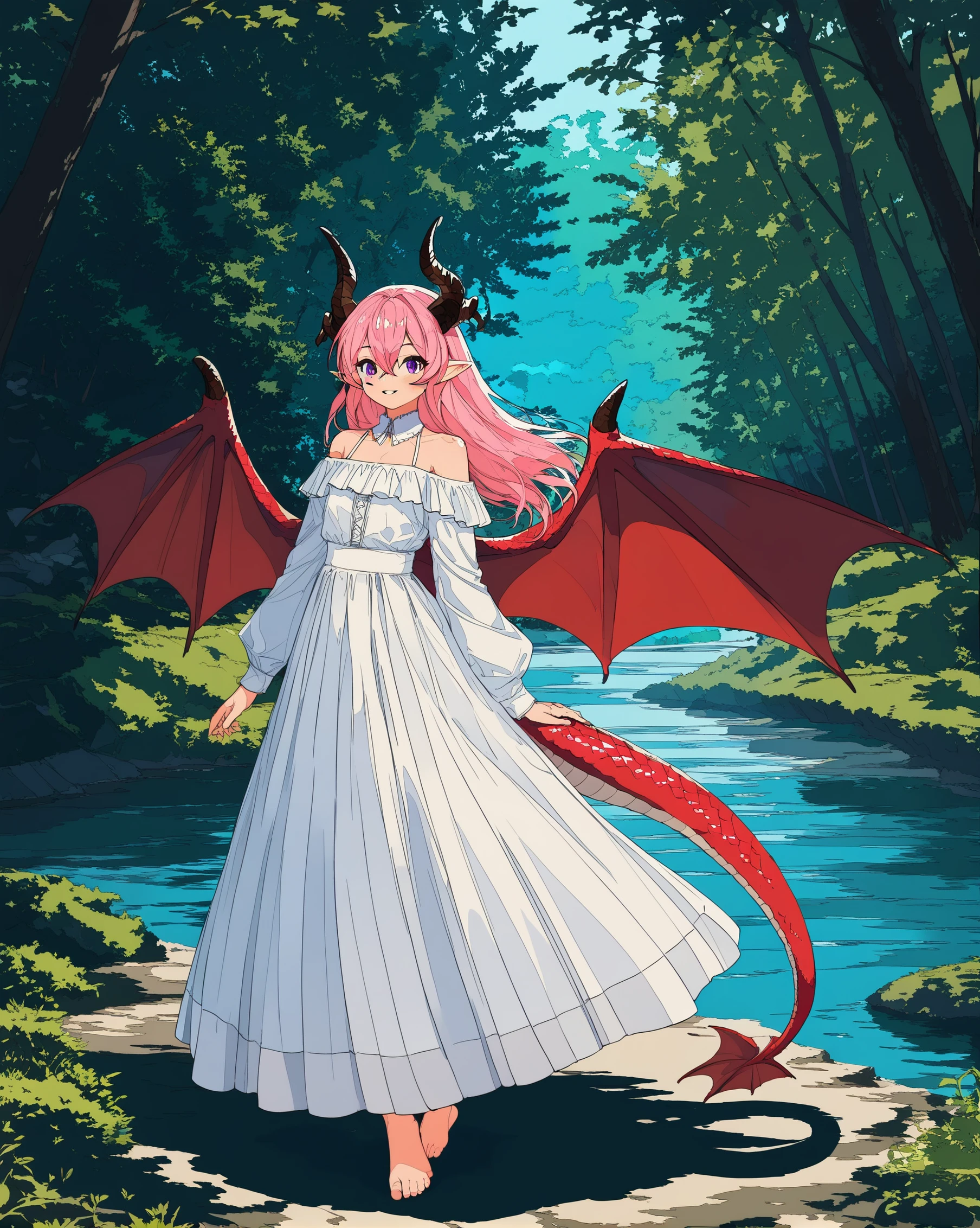 (score_9,score_8_up,score_7_up),1girl,tail,solo,wings,horns,dress,pink hair,barefoot,white dress,dragon tail,purple eyes,long hair,pointy ears,outdoors,looking at viewer,dragon girl,full body,standing,bare shoulders,tree,dragon horns,off shoulder,hair between eyes,bangs,nature,water,dragon wings,parted lips,day,off-shoulder dress,blush,forest,smile,<lora:tpony-style-v4:0.8>,