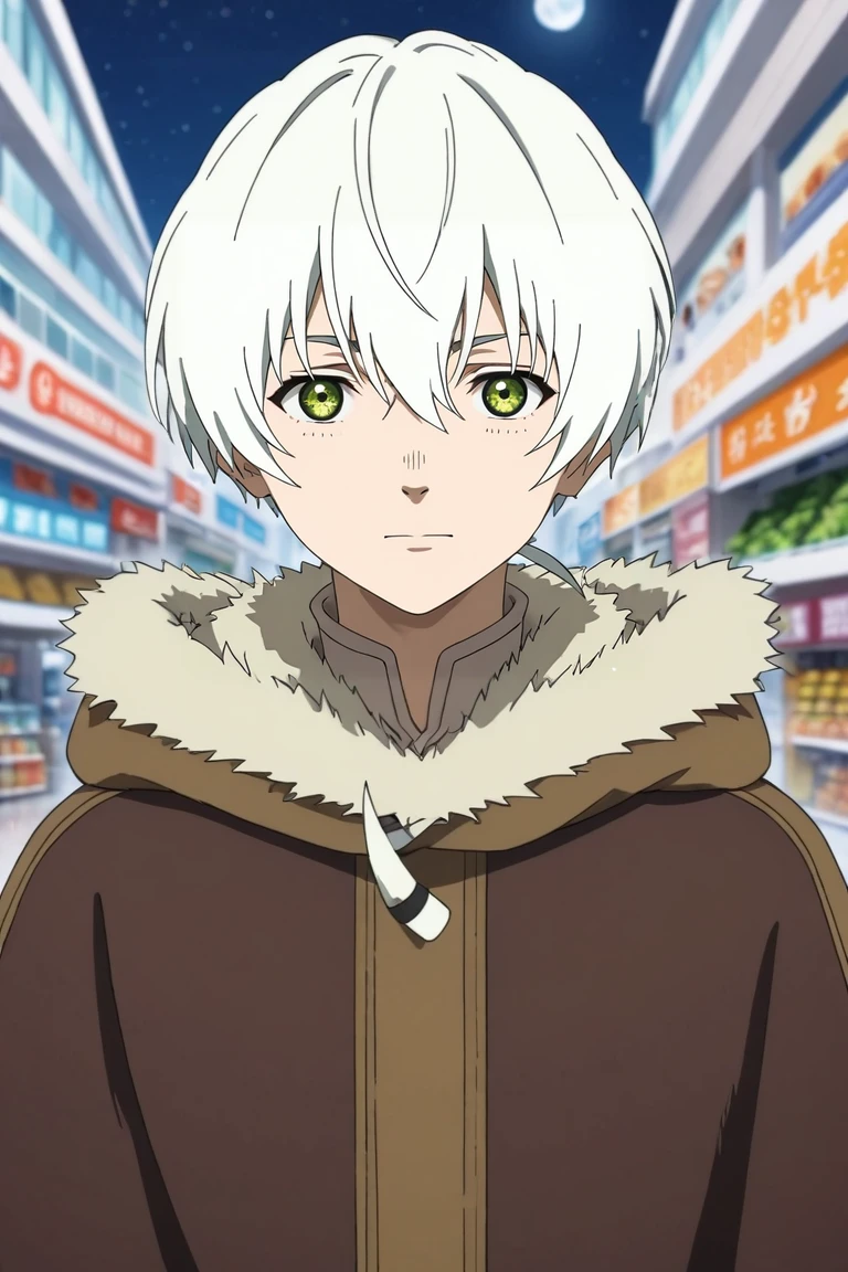 score_9, score_8_up, score_7_up, source_anime, rating_safe, intricate details, anime screencap, anime coloring, official style, looking at viewer, depth of field, 1boy, solo, male focus, <lora:fushi_fumetsu_pony:0.88>, fushi_fumetsu, white hair, green eyes, short hair, hair between eyes, bangs, ponytail, fur trim, brown cape, cloak, focused, shopping mall, stores, signs, night, full moon, holding object, happy, , <lora:sdxl_lightning_8step_lora:1>
