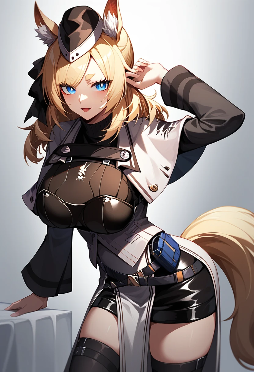 score_9,score_8_up,score_7_up,<lora:earknights_all:1>,girl, whislash_\(arknights\), blue_eyes, blonde_hair, horse_ears, long_hair, animal_ear_fluff, horse_girl, horse_tail, large_breasts, long_sleeves, black_hat