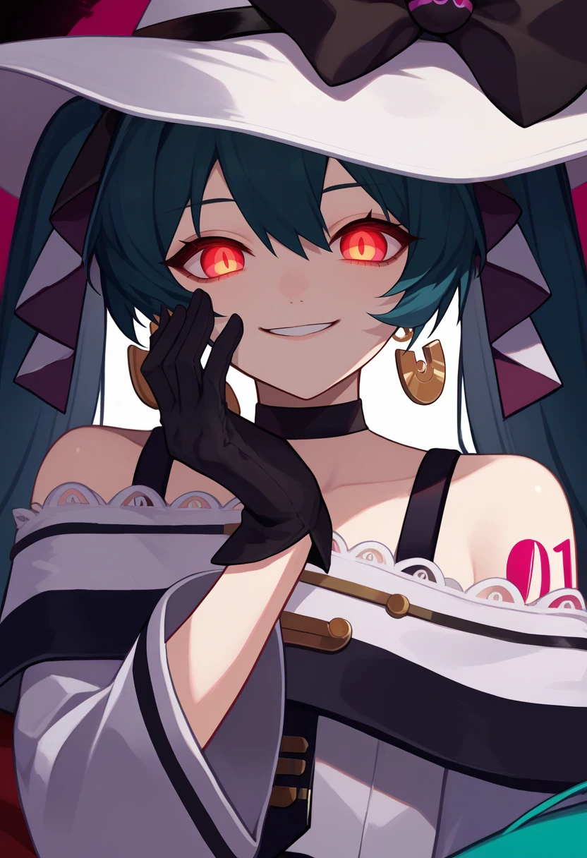 score_9, score_8_up, score_7_up, source_anime, upper body, solo, 1girl, darkmiku, yandere, evil smile, looking at viewer, hand on own face, uneven twintails, white headwear, hat bow, glowing eyes, off-shoulder dress, long sleeves, black gloves, earrings, black choker, bare shoulders <lora:projectvoltage_darkmiku_ponyXL:1>