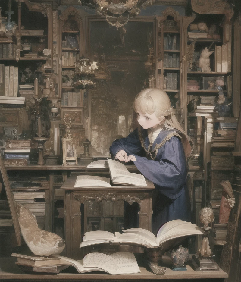 (masterpiece:1,2), best quality, masterpiece, highres, original, extremely detailed wallpaper, with reading in her study, desk, books, beautiful composition, whimsical,  <lora:Wizardcore:0.6> , wizardcore, star theme, wizardcore scene, wizardcore portrait, wizardcore fashion, vibrant,