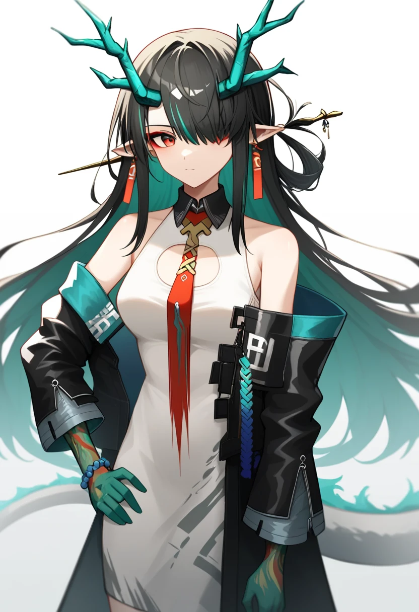 score_9,score_8_up,score_7_up,<lora:earknights_all:1>,1girl, dusk_\(arknights\), solo, green_skin, black_hair, green_hair, long_hair, streaked_hair, medium_breasts, highres, bare_shoulders, bead_bracelet, black_jacket, closed_mouth, commentary_request, dragon_girl, dragon_horns, green_horns, hair_over_one_eye, hand_on_own_hip, jacket_partially_removed, looking_at_viewer, pointy_ears, red_eyes, red_necktie, simple_background, sleeveless_dress, tassel_earrings, white_background