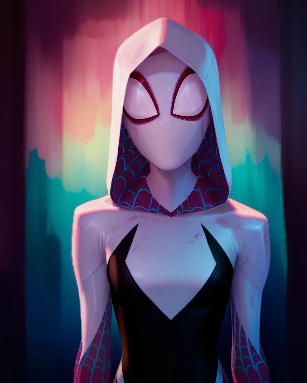 score_9, score_8_up, score_7_up, zPDXL,SVstyle, 1girl, hooded bodysuit, hood, spider-gwen, superhero, mask, dark, masked, watercolor washes <lora:Spider-Verse_Style:1>