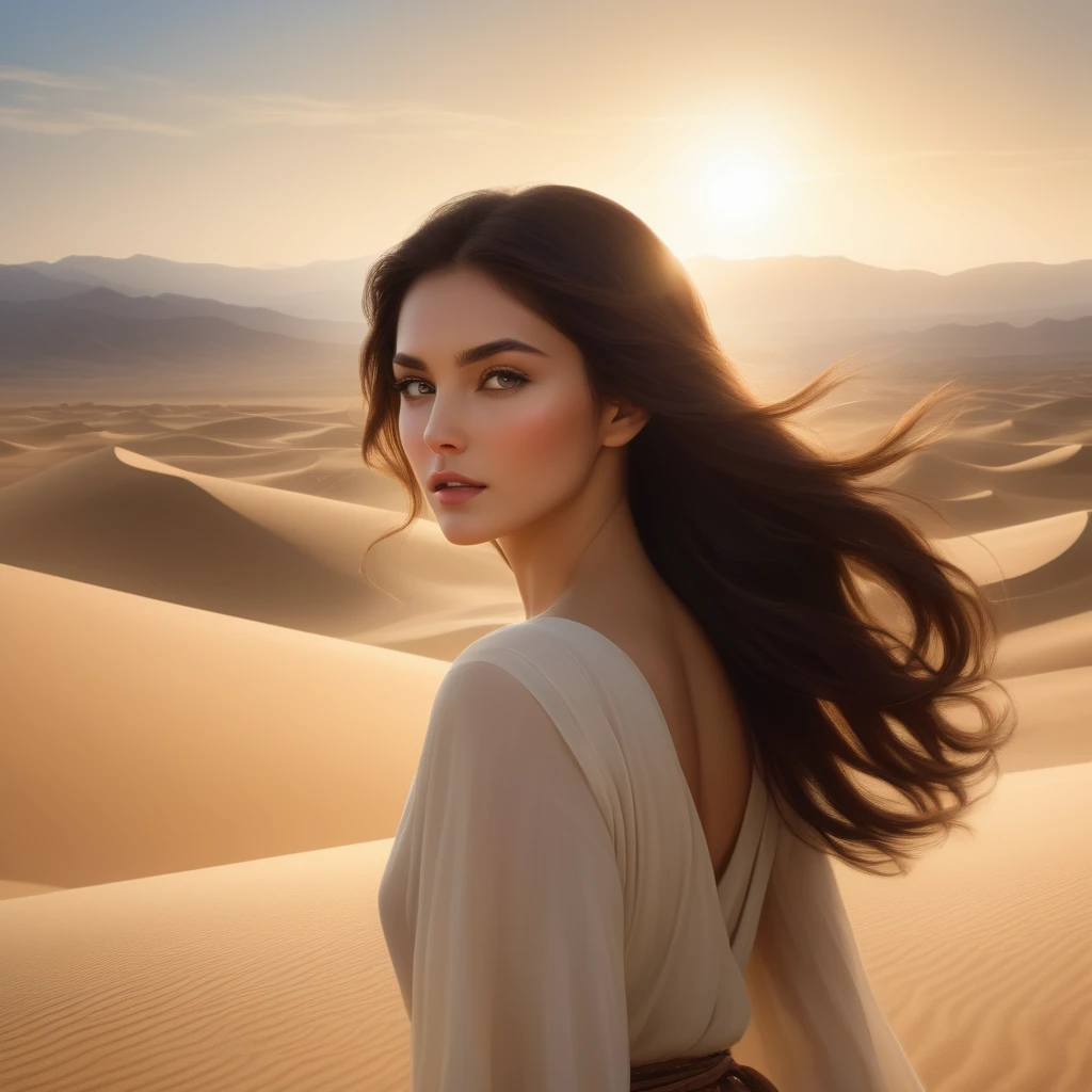 Scene: A barren,desolate place in biblical times. The blazing sun beats down on the scorching sand,while the wind blows dust and gravel through the air. On the horizon,rocky and imposing mountains rise.,
Character: A woman of unparalleled beauty emerges from the heat mist. Her dark hair falls in soft waves around her face,framed by delicate features and eyes that emanate deep wisdom. She is dressed in simple but elegant clothes that reveal a slender and graceful body.Movement: The woman walks with slow,deliberate steps,as if she is on an epic journey. Their presence radiates an aura of mystery and intrigue,and their piercing eyes seem to see beyond the physical world.,
Atmosphere: The scene is imbued with a feeling of timelessness and mysticism. The woman's beauty contrasts with the aridity of the desert,creating an image of strength and resilience. The golden light of the setting sun bathes the scene in an ethereal glow,as the wind whispers secrets into the woman's ears.,