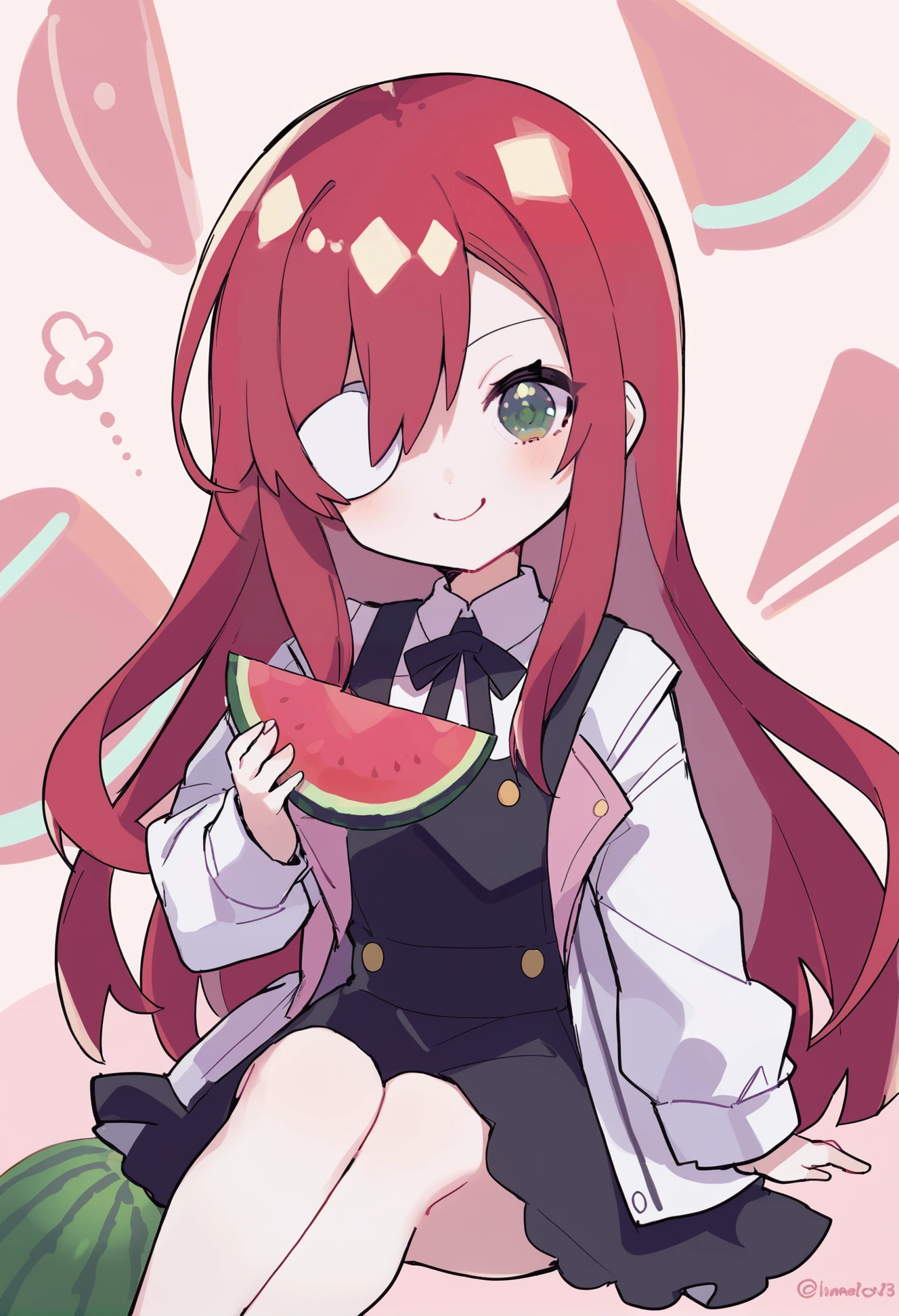 masterpiece, best quality,
1girl,
solo, chibi, watermelon, smile, hair over one eye, red hair, simple background, chibi inset, jacket, official alternate costume, open clothes, pinafore dress, dress, one eye covered, shirt, :>, black dress, long hair, blush, white shirt, food, twitter username, sleeveless dress, sleeveless, looking at viewer, green eyes, very long hair, fruit, open jacket
<lora:menouXLlokr8f-000186:0.8>