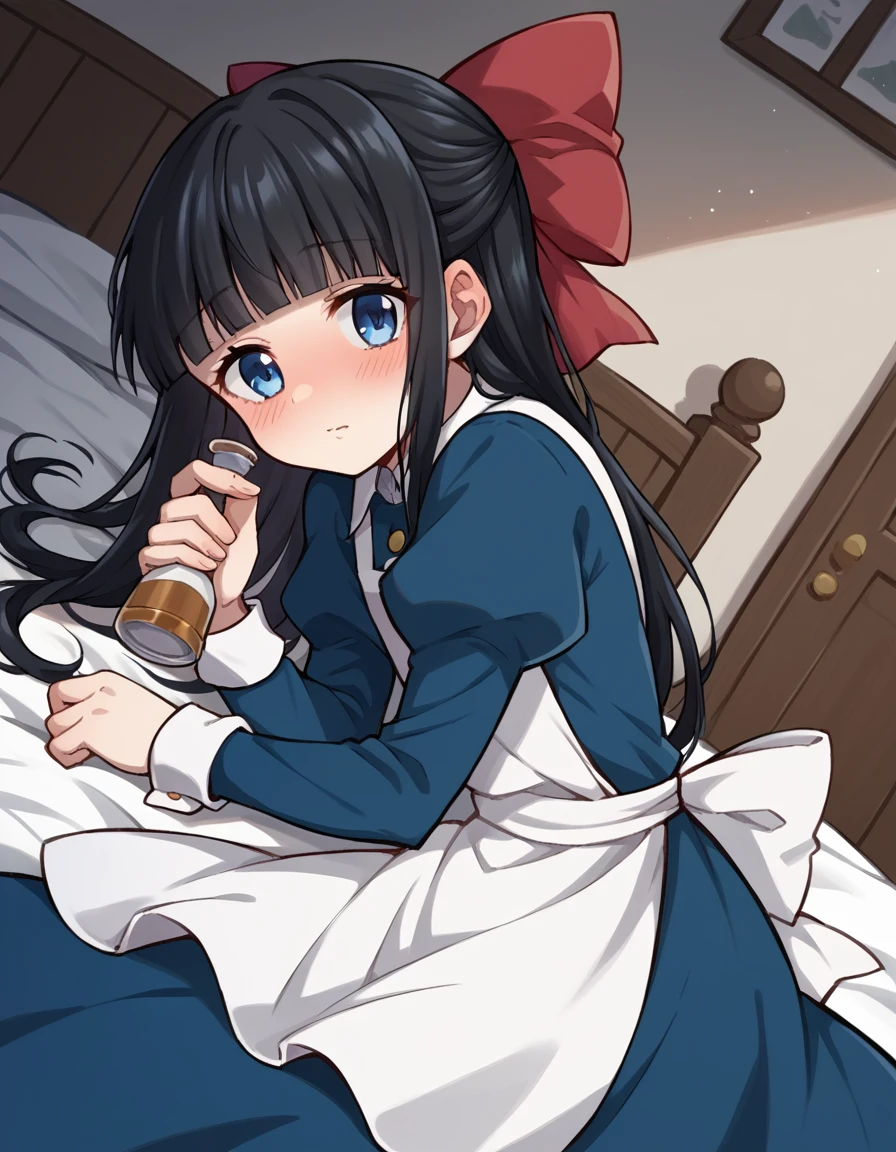 score_9, score_8_up, score_7_up, source_anime,
ayadrevis, <lora:aya-drevis-ponyxl-lora-nochekaiser:1>,
aya drevis, long hair, blue eyes, black hair, hair bow, red bow, bangs, blunt bangs,
long sleeves, dress, frills, puffy sleeves, apron, blue dress,
indoors, bed, bed room, on side, blush, drunk,
solo, looking at viewer, cowboy shot, dutch angle,