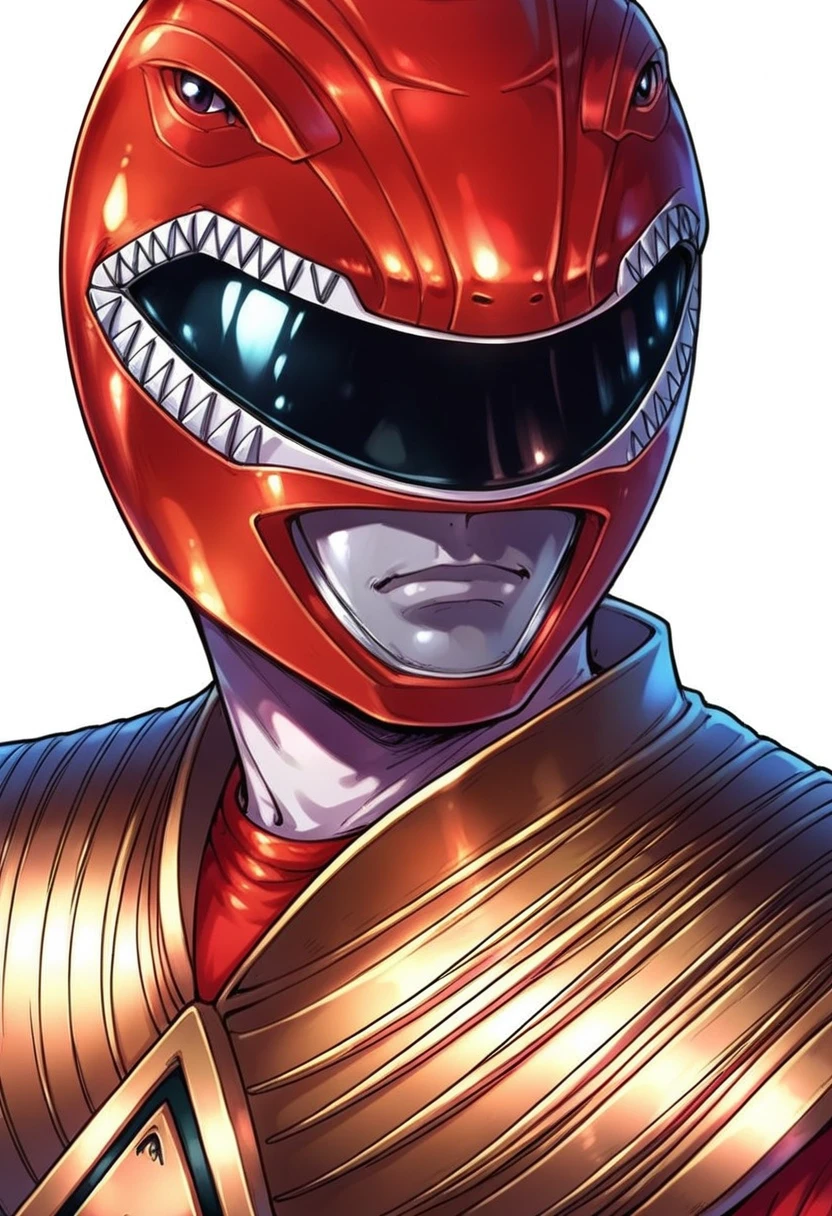 Ugly (score_9:0.9),score_8_up,score_7_up,anime style,rating_safe,<lora:Red Ranger ponyXL v3.1:0.85>,Red Ranger,1boy,solo,male focus,white background,helmet,upper body,simple background,shiny,dragon_shield,