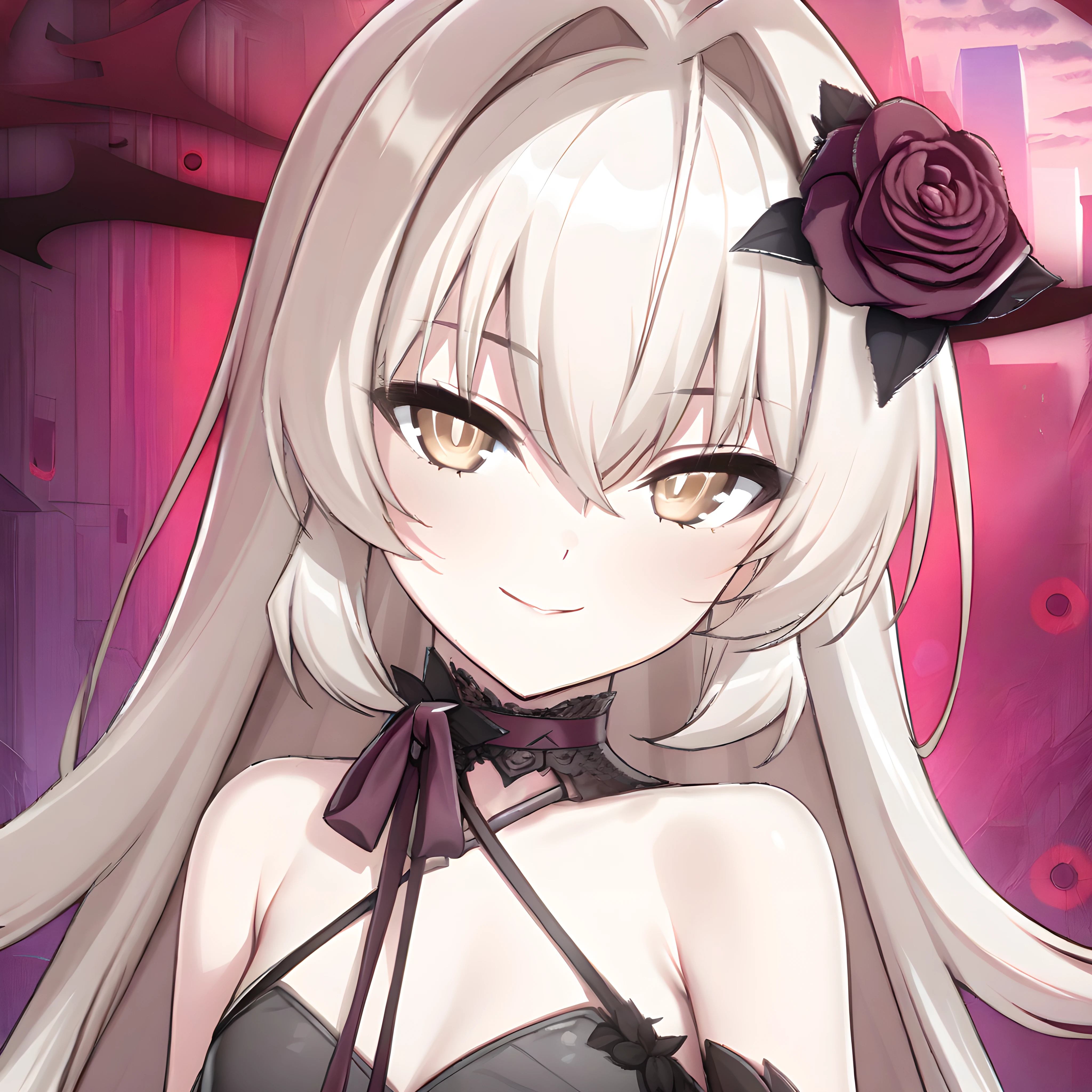 (masterpiece),(best quality),(ultra-detailed),(best illustration),(best shadow),(absurdres),(detailed background),(very aesthetic), eve meitner, 1girl, solo, long hair, flower, hair ornament, hair flower, dress, looking at viewer, black dress, bare shoulders, bangs, portrait, seductive smile, <lora:evemeitner:0.8>