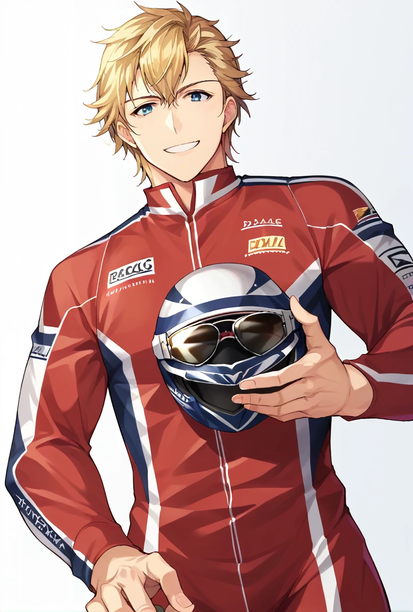 score_9, score_8_up, source_anime BREAK
maxim rogen, 1boy, solo, blonde hair, sunglasses, racing suit, red bodysuit BREAK
standing, holding helmet, flashing smile, looking at viewer, white background, from below