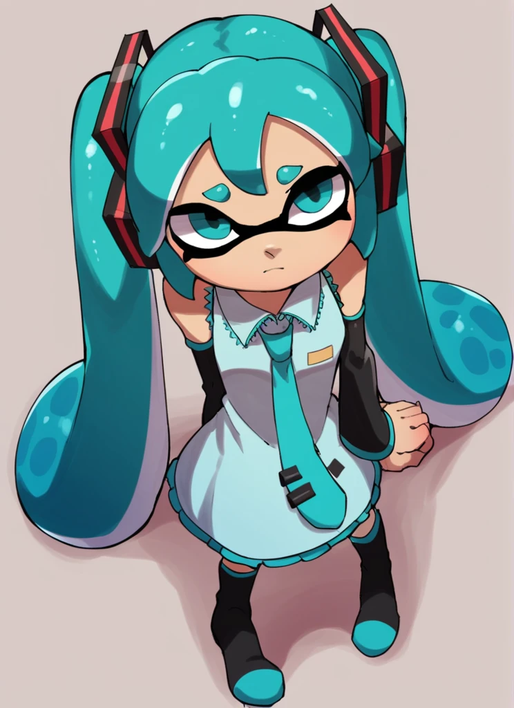 score_9, score_8_up, score_7_up, BREAK, <lora:tukada_style:1> ,tukada_style , by tukada , splatoon , young , upper body,hatsune miku, vocaloid, long hair, dress , long sleeves, closed mouth, from above, simple background,