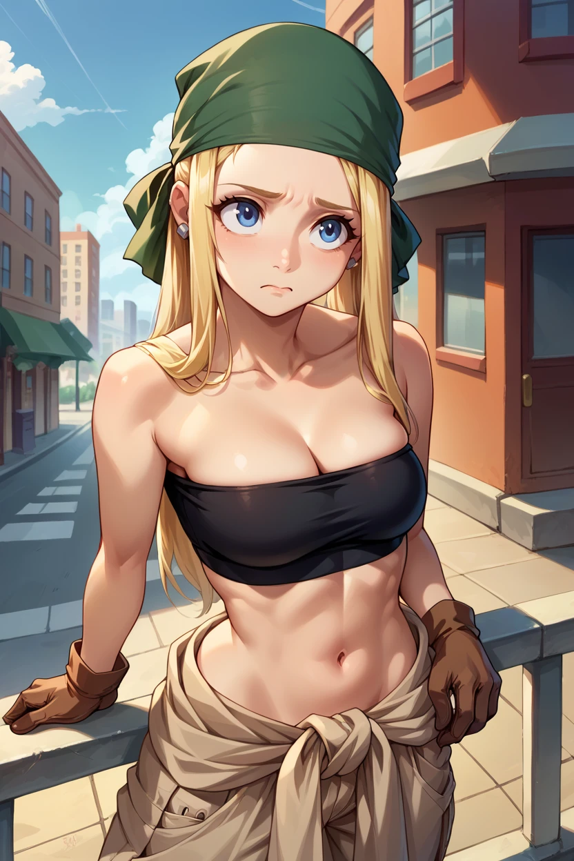 score_9, score_8_up, score_7_up, score_6_up, source_anime BREAK 1girl,  <lora:winry-pdxl-nvwls-v1-000006:1> winry rockbell, earrings, green bandana, black tube top, strapless, midriff, clothes around waist, beige pants, brown gloves, worried, looking up, blue sky, city, railing, street