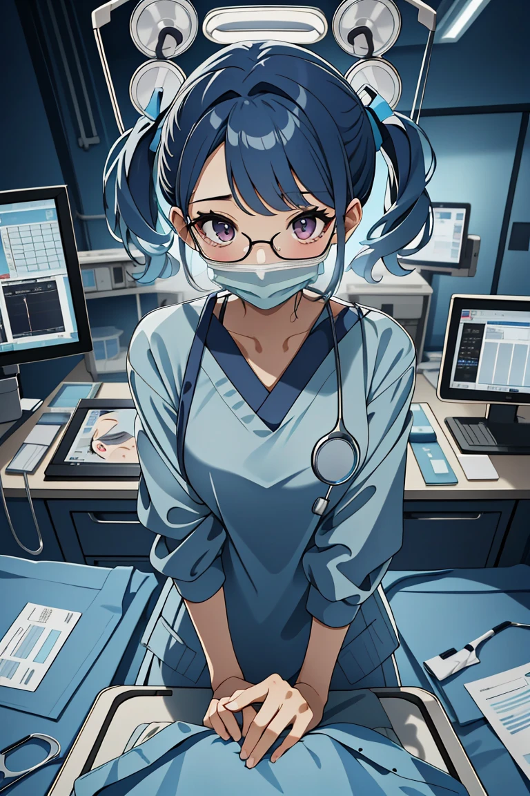 (RAW photo, best quality), operating room, overhead surgical light,blurred background, focused, dithering,backlighting,
 <lora:surgeon_cpr_pov_V1.0-000005:0.8> surgeon_cpr, indoors, 1girl, looking at viewer, pov, solo,surgical mask, long sleeves,sweating, 
 <lora:Tatsuko Miiko_3dc_V1.0:0.58> tatsuko miiko, 3dcg_17, twintails, short hair, glasses