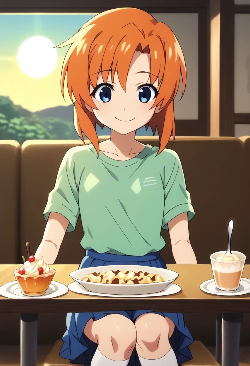 score_9, score_8_up, score_7_up, 1girl , source_anime, masterpiece, depth of field, ultra detailed, beautiful detailed face, best quality, 8k, BREAK, rena ryuuguu, orange hair, medium hair, blue eyes, small chest, happy smile, green t-shirt, blue plastered skirt, frills, cute, white socks, cafe, indoors, anime screencap, sitting on the table, eating parfait, spoon, sun,